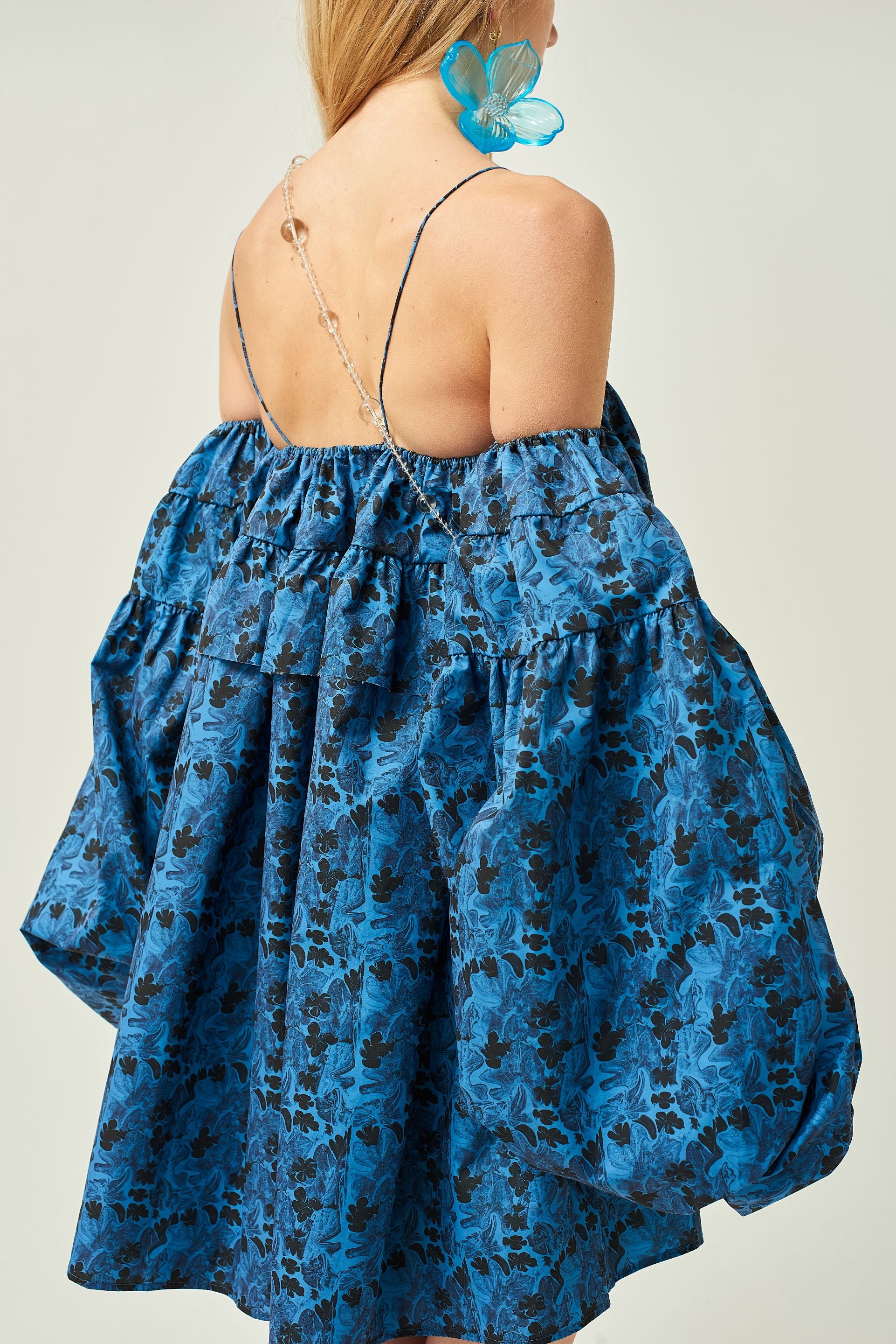 WOMEN SHORT MINI STYLE OFF SHOULDER POPLIN DRESS BLUE