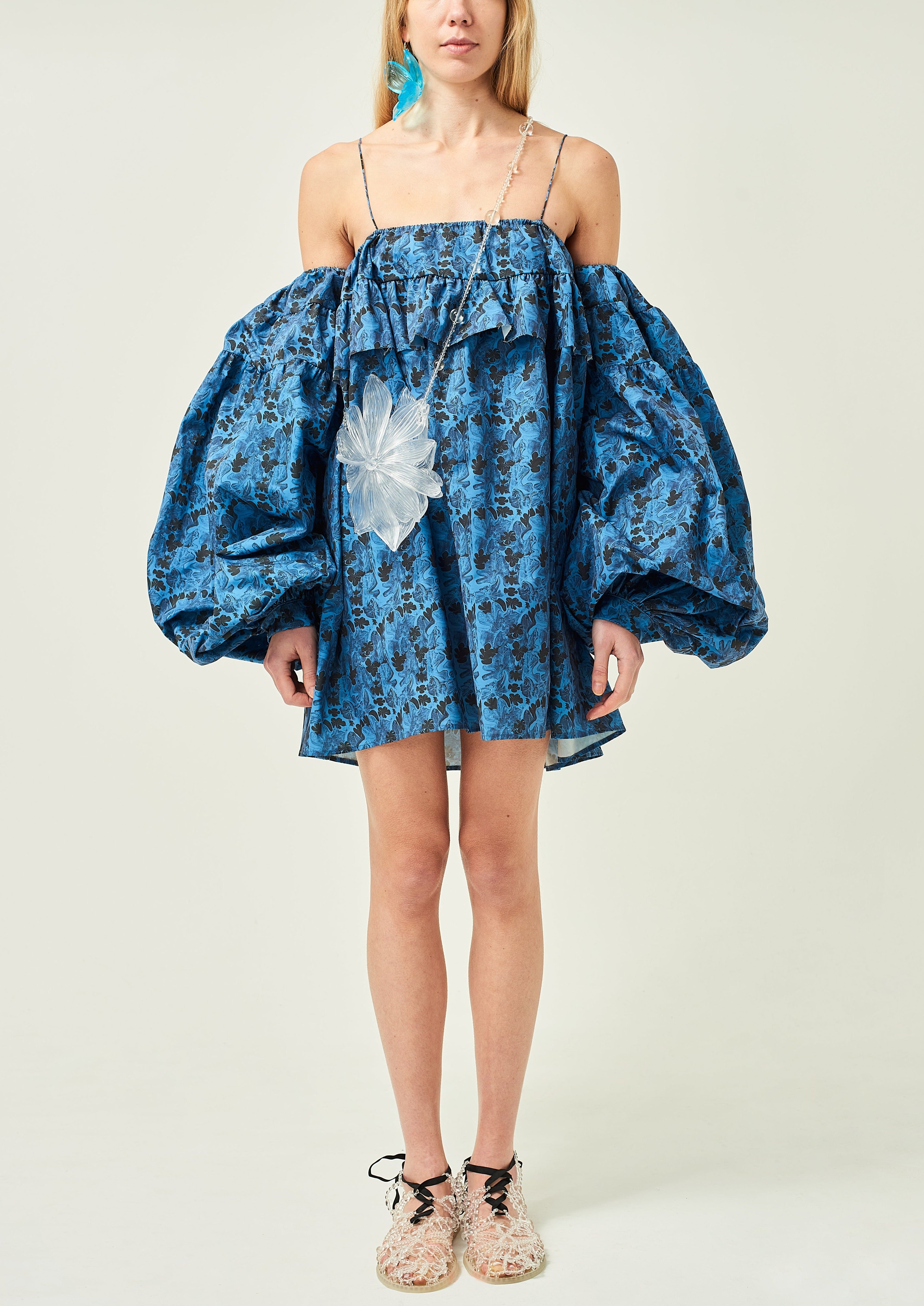 WOMEN SHORT MINI STYLE OFF SHOULDER POPLIN DRESS BLUE