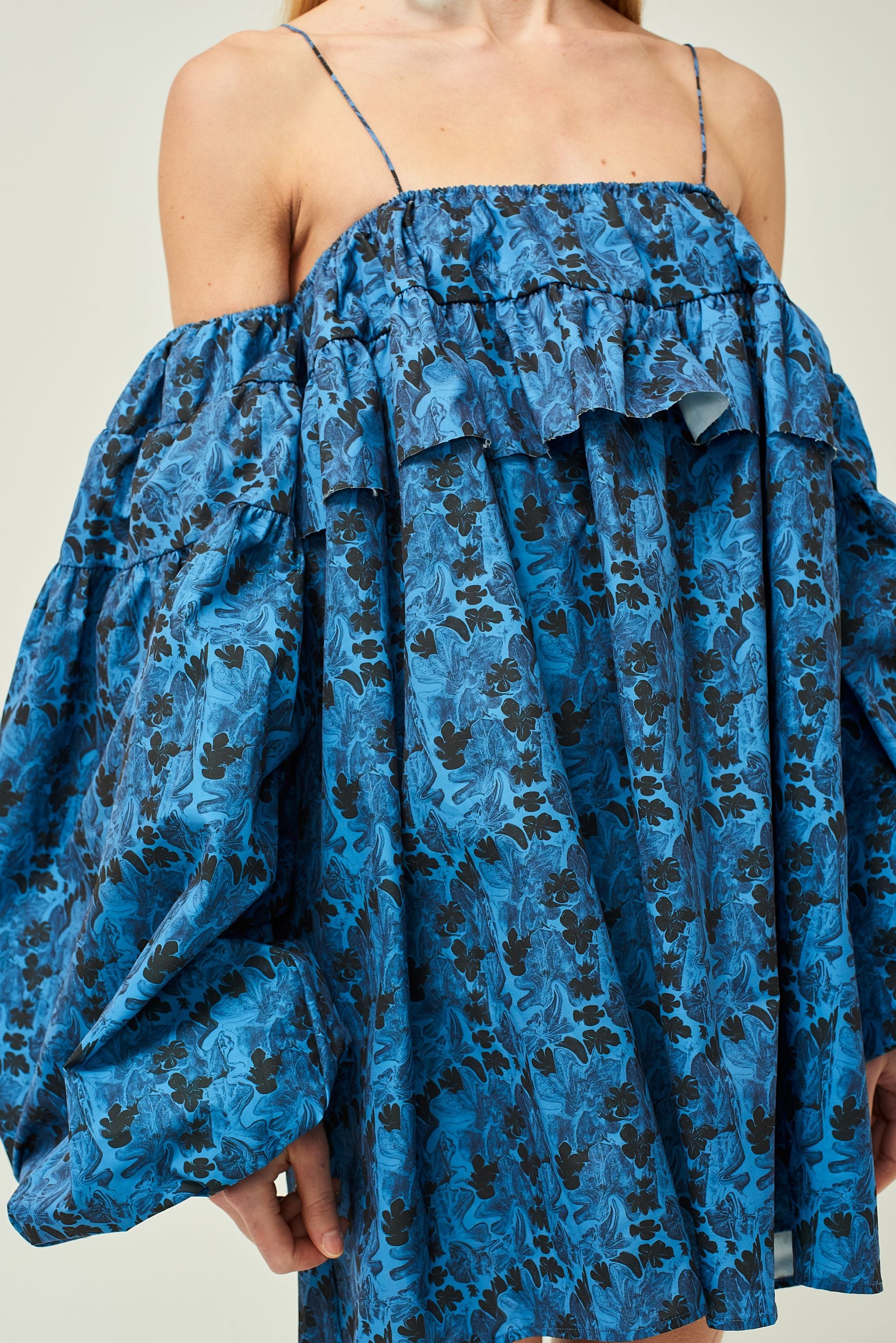 WOMEN SHORT MINI STYLE OFF SHOULDER POPLIN DRESS BLUE