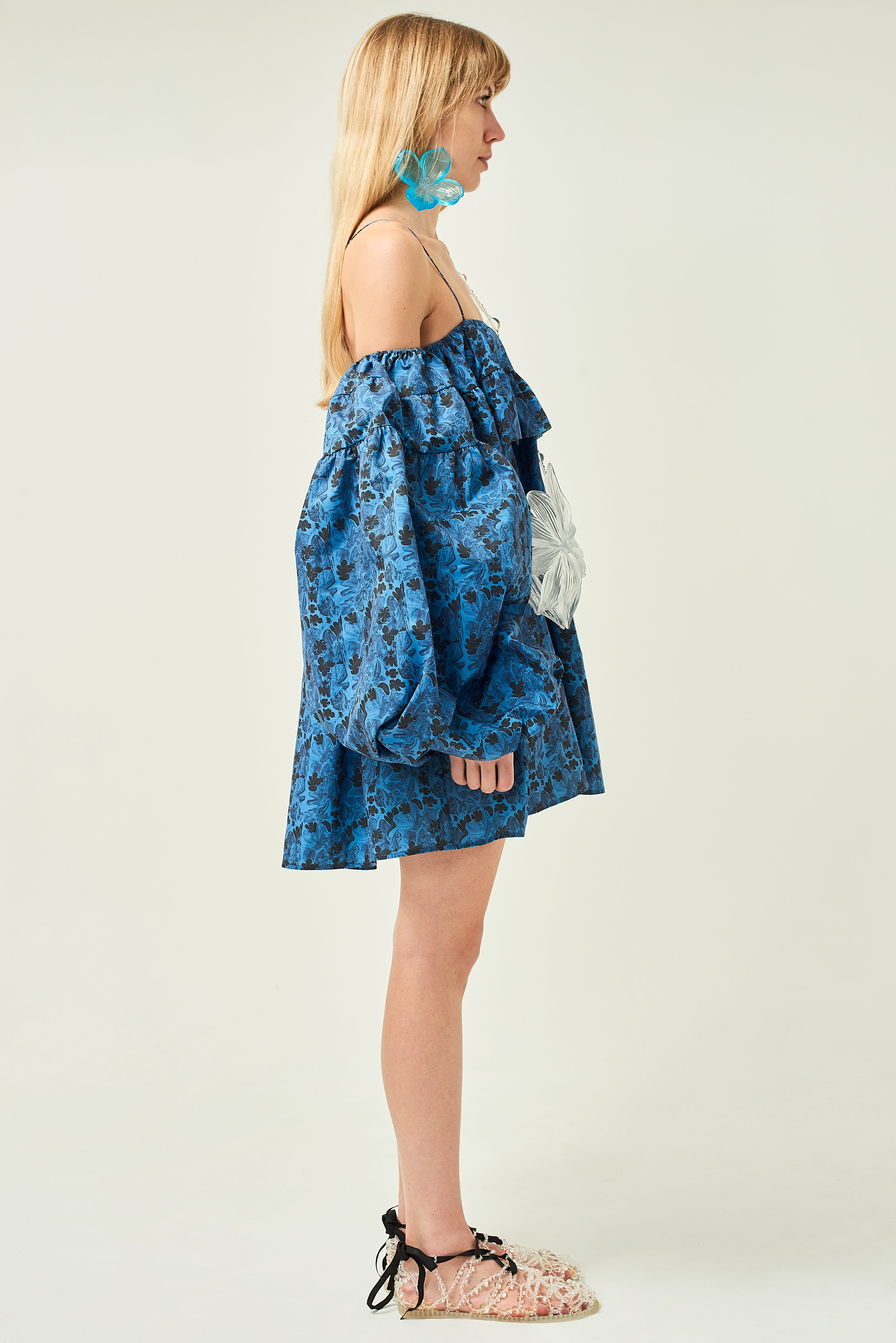WOMEN SHORT MINI STYLE OFF SHOULDER POPLIN DRESS BLUE