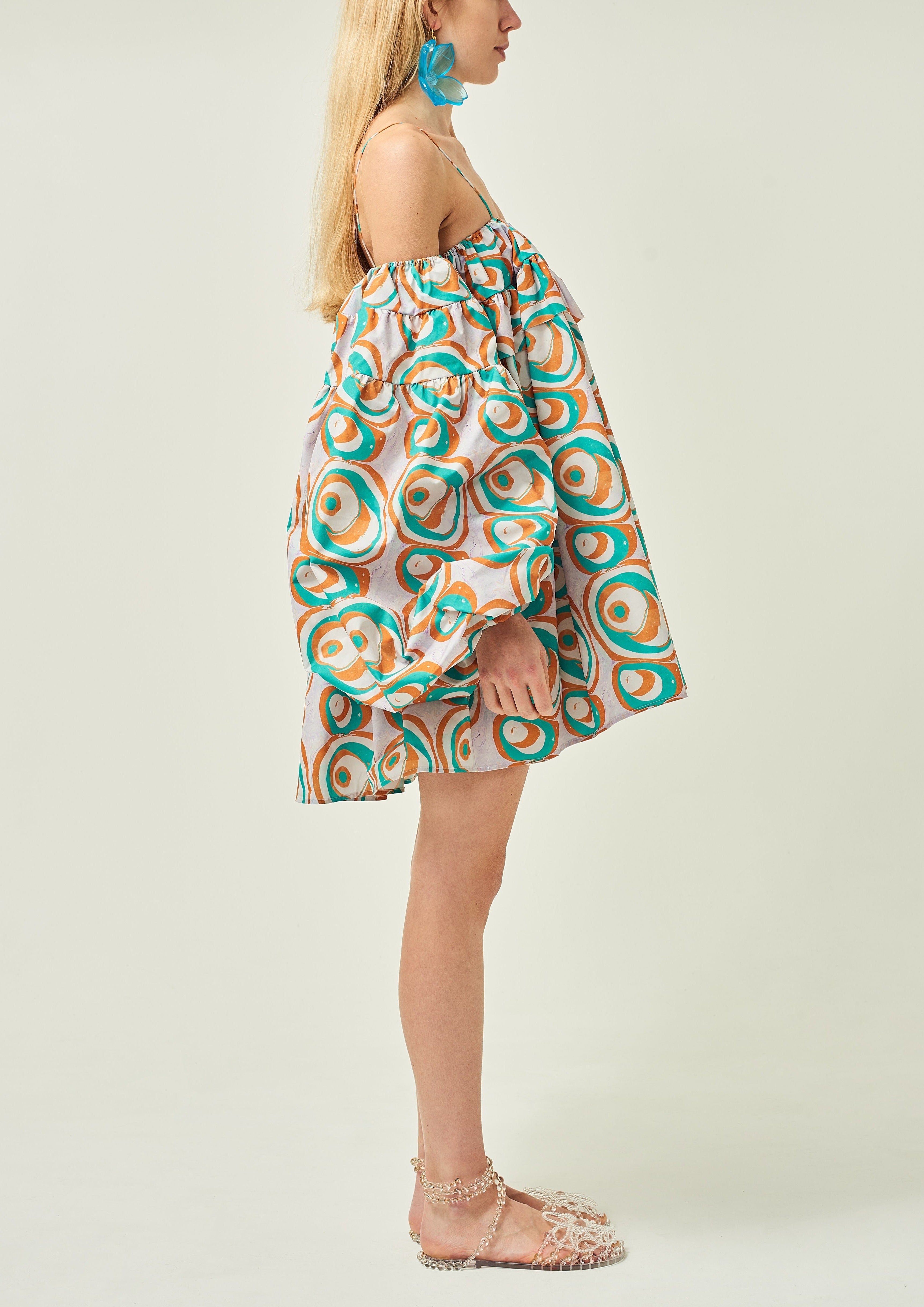 WOMEN SHORT MINI STYLE OFF SHOULDER POPLIN DRESS GREEN