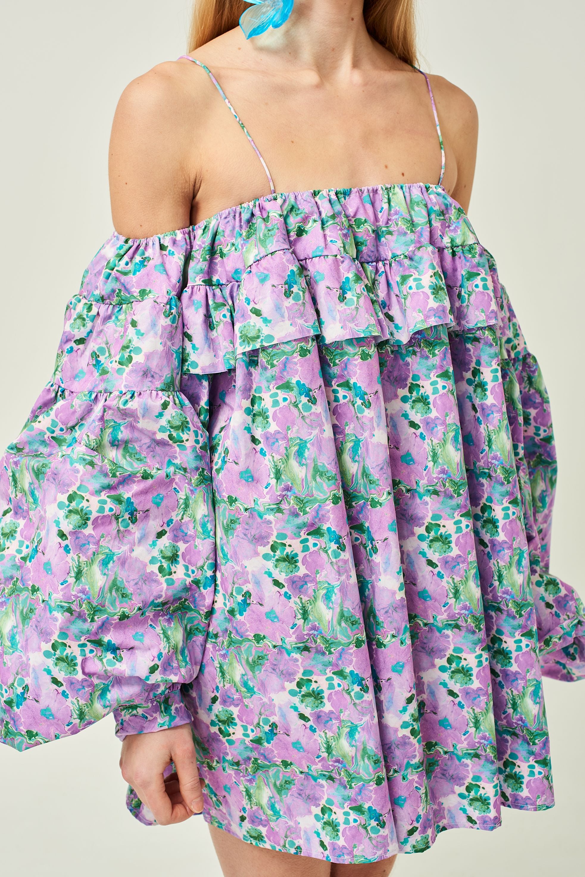 WOMEN SHORT MINI STYLE OFF SHOULDER POPLIN DRESS PURPLE