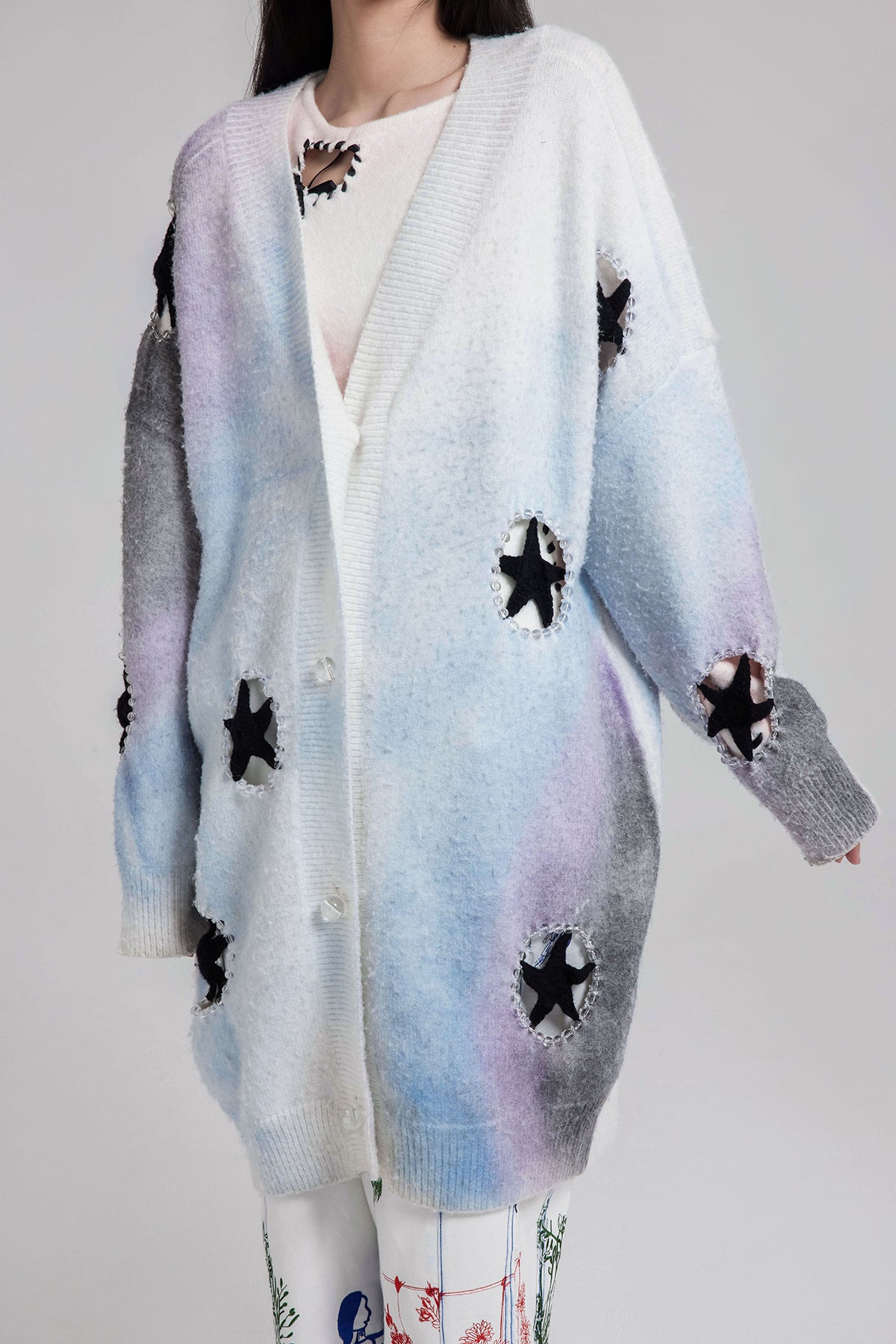 WOMEN GIRL PURPLE BLUE PASTEL BUTTON UP STYLE SWEATER OVERSIZED CROCHET STAR CARDIGAN