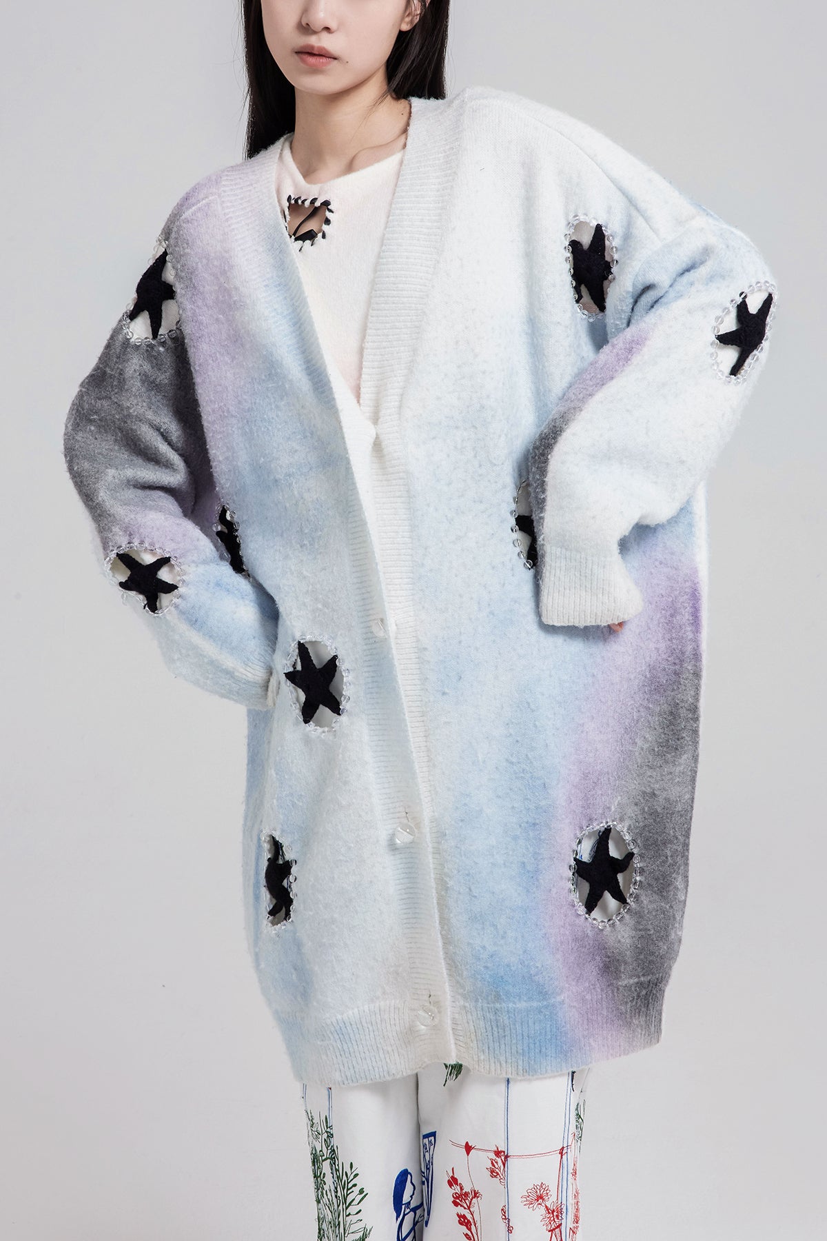 WOMEN GIRL PURPLE BLUE PASTEL BUTTON UP STYLE SWEATER OVERSIZED CROCHET STAR CARDIGAN