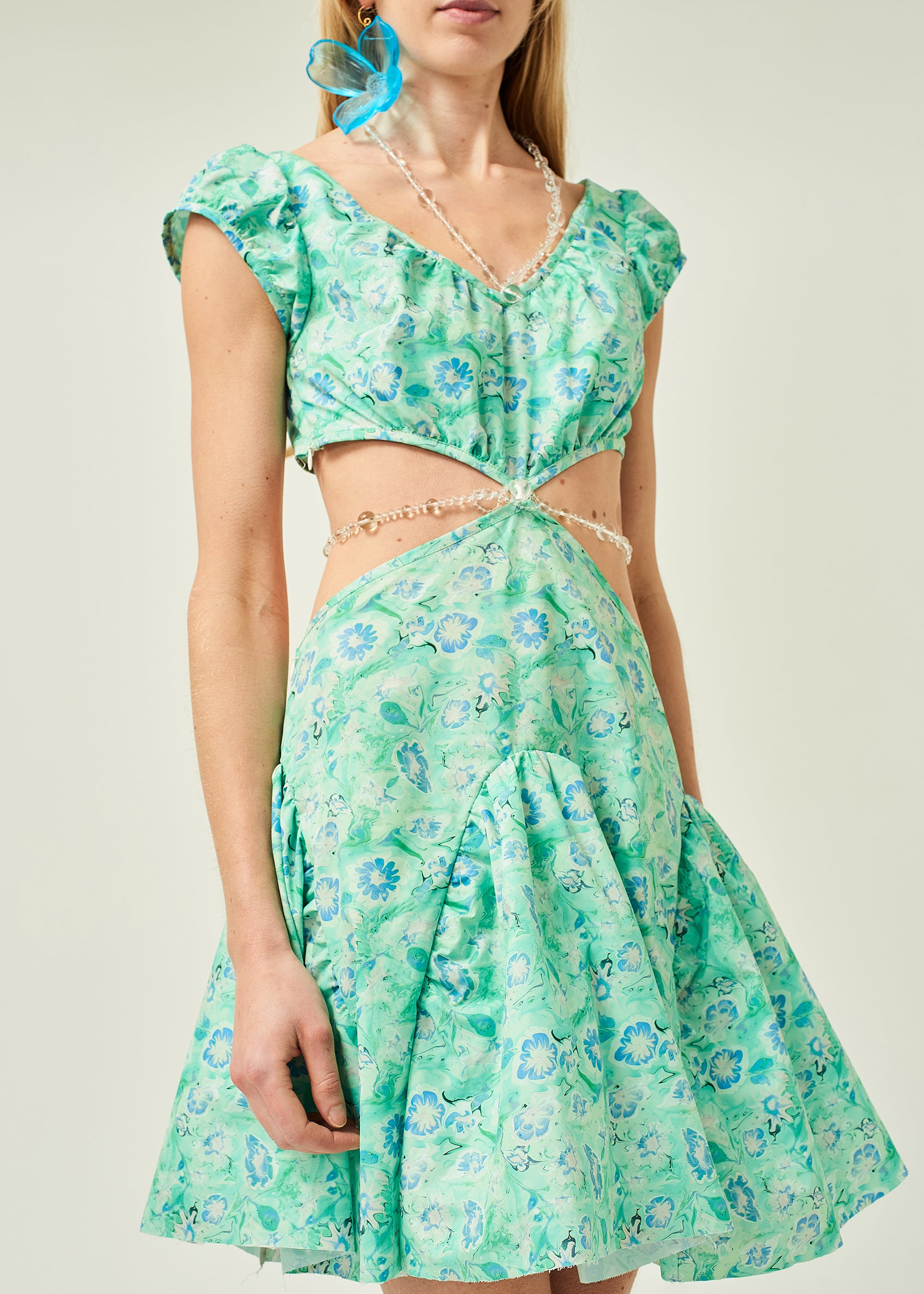 WOMEN MINI SHORT STYLE POPLIN CUT OUT DRESS GREEN