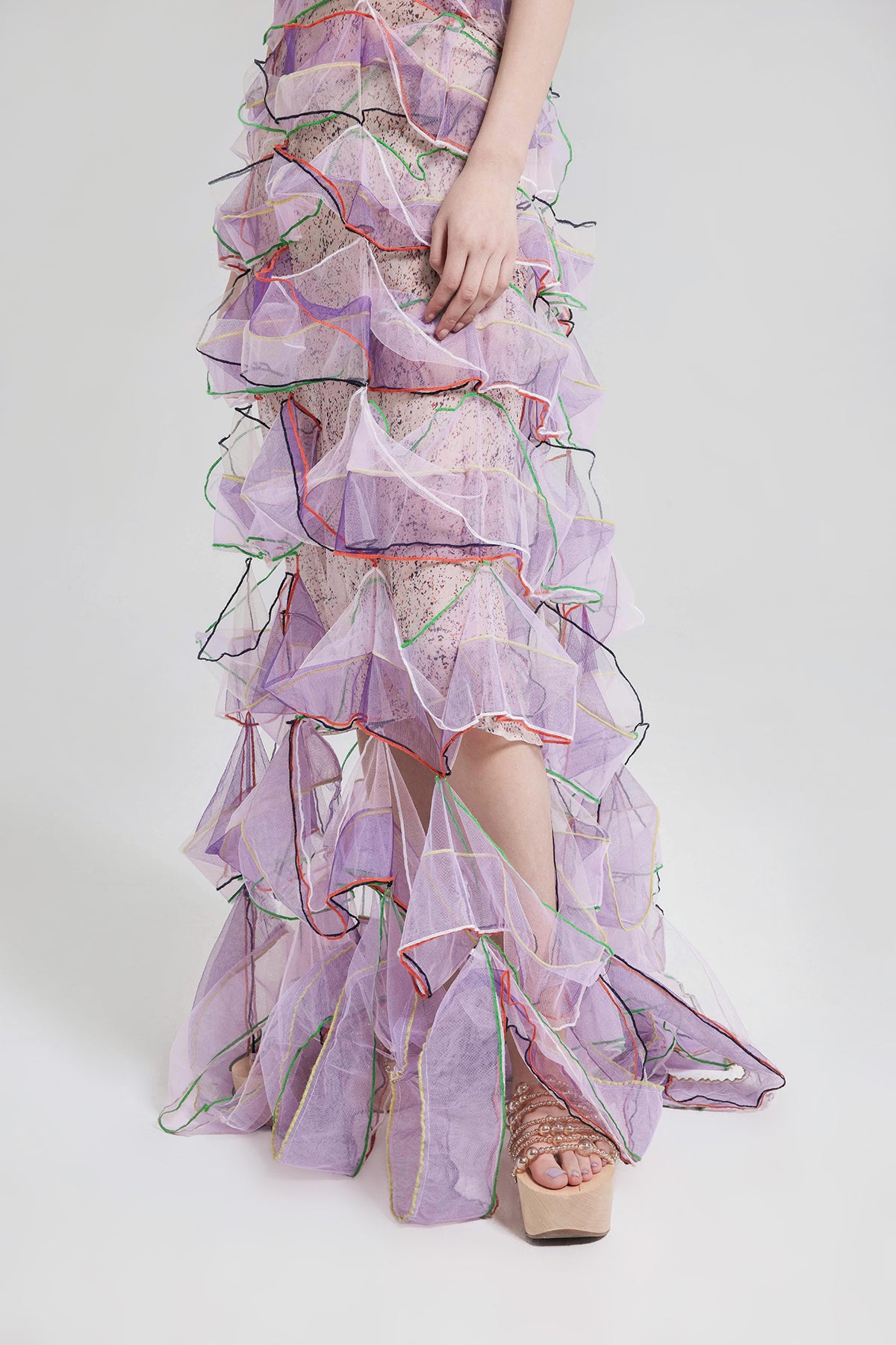 WOMEN GIRL PURPLE RUFFLE SLEEVELESS STRAP PRINTED AIR RIBBON TULLE DRESS