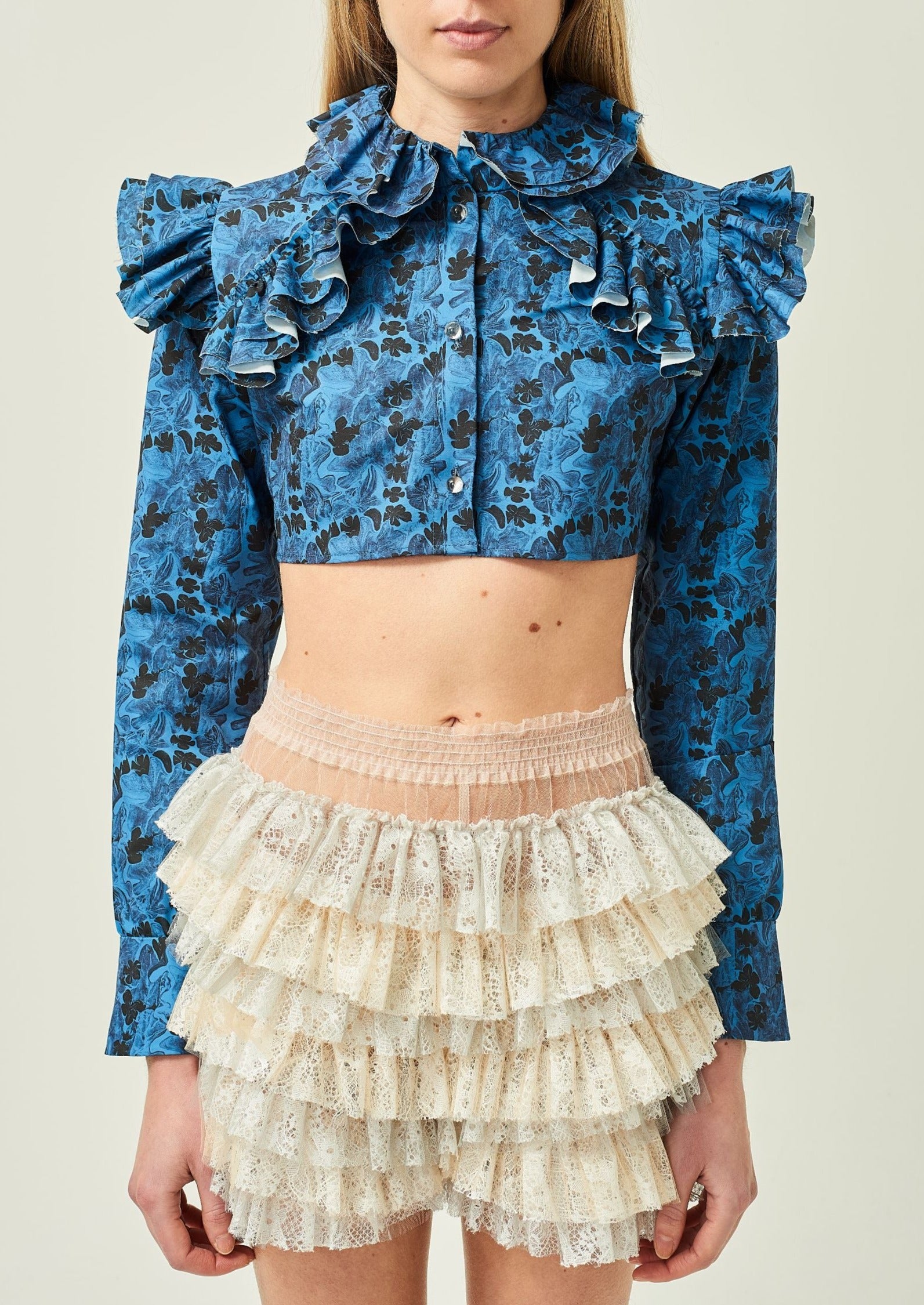 WOMEN NAVY STYLE RUFFLE LONG SLEEVE PRINTED CROPPED POPLIN BLOUSE