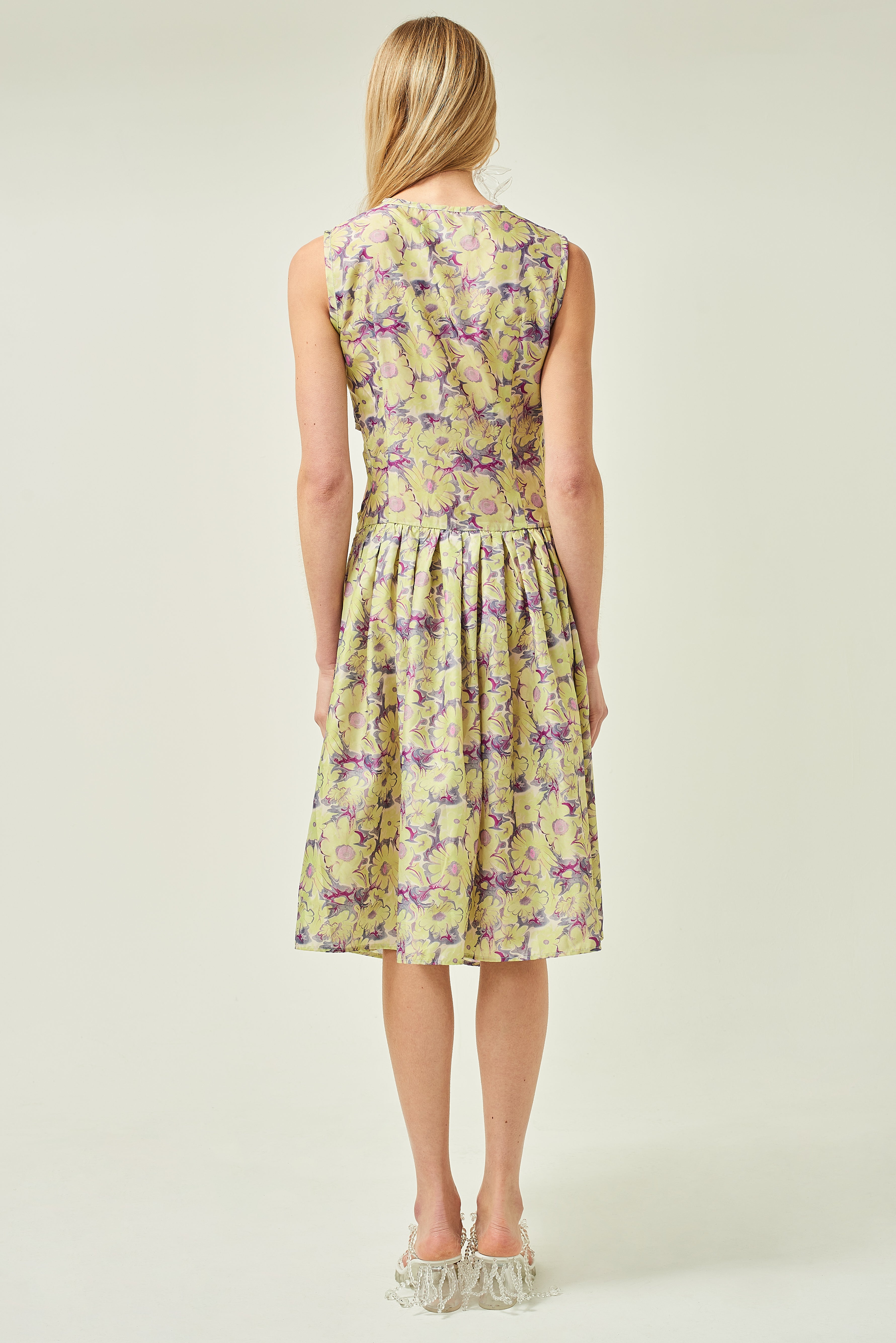 WOMEN STYLE SLEEVELESS ASYMMETRICAL LACE MIDI DRESS YELLOW