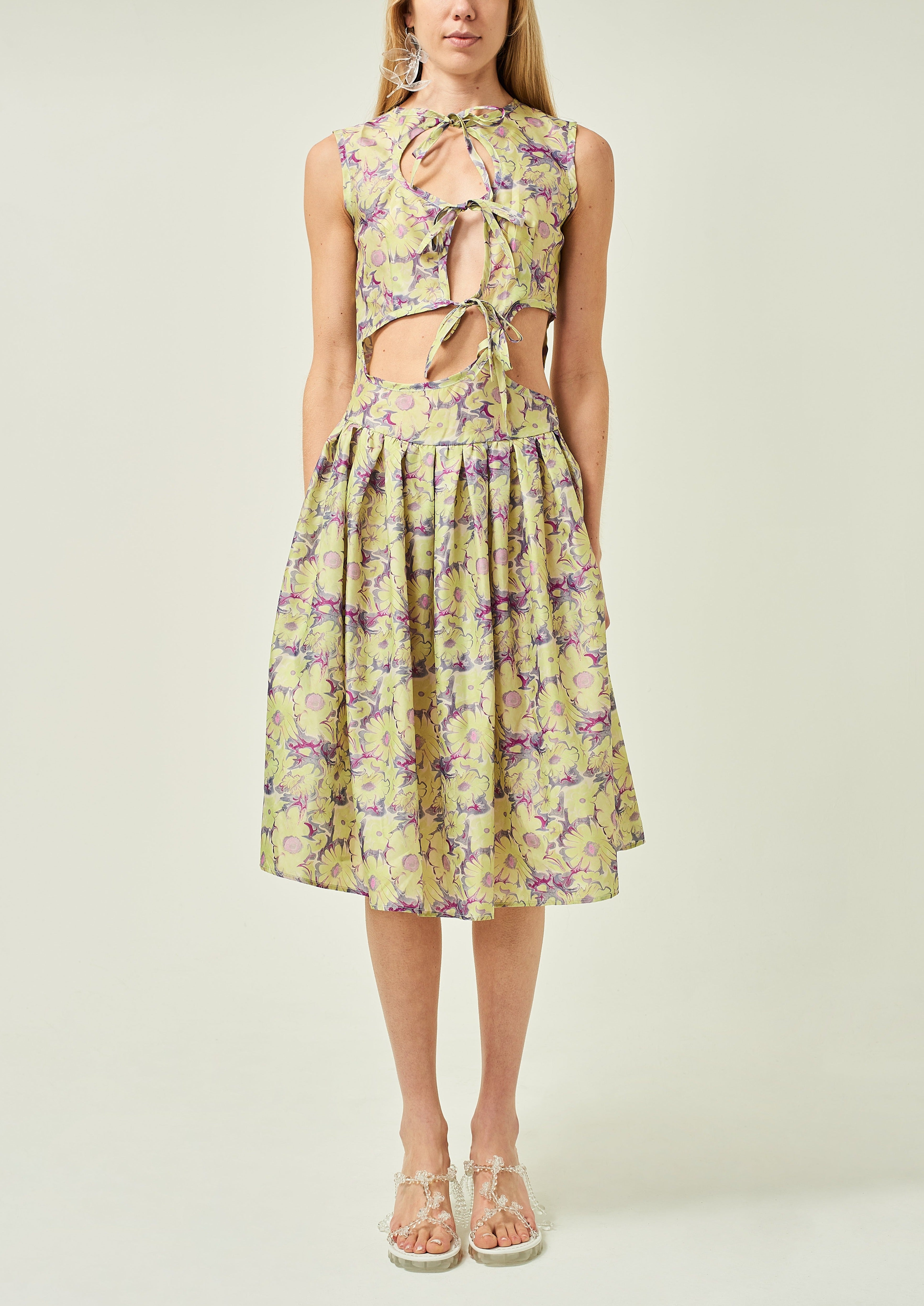 WOMEN STYLE SLEEVELESS ASYMMETRICAL LACE MIDI DRESS YELLOW