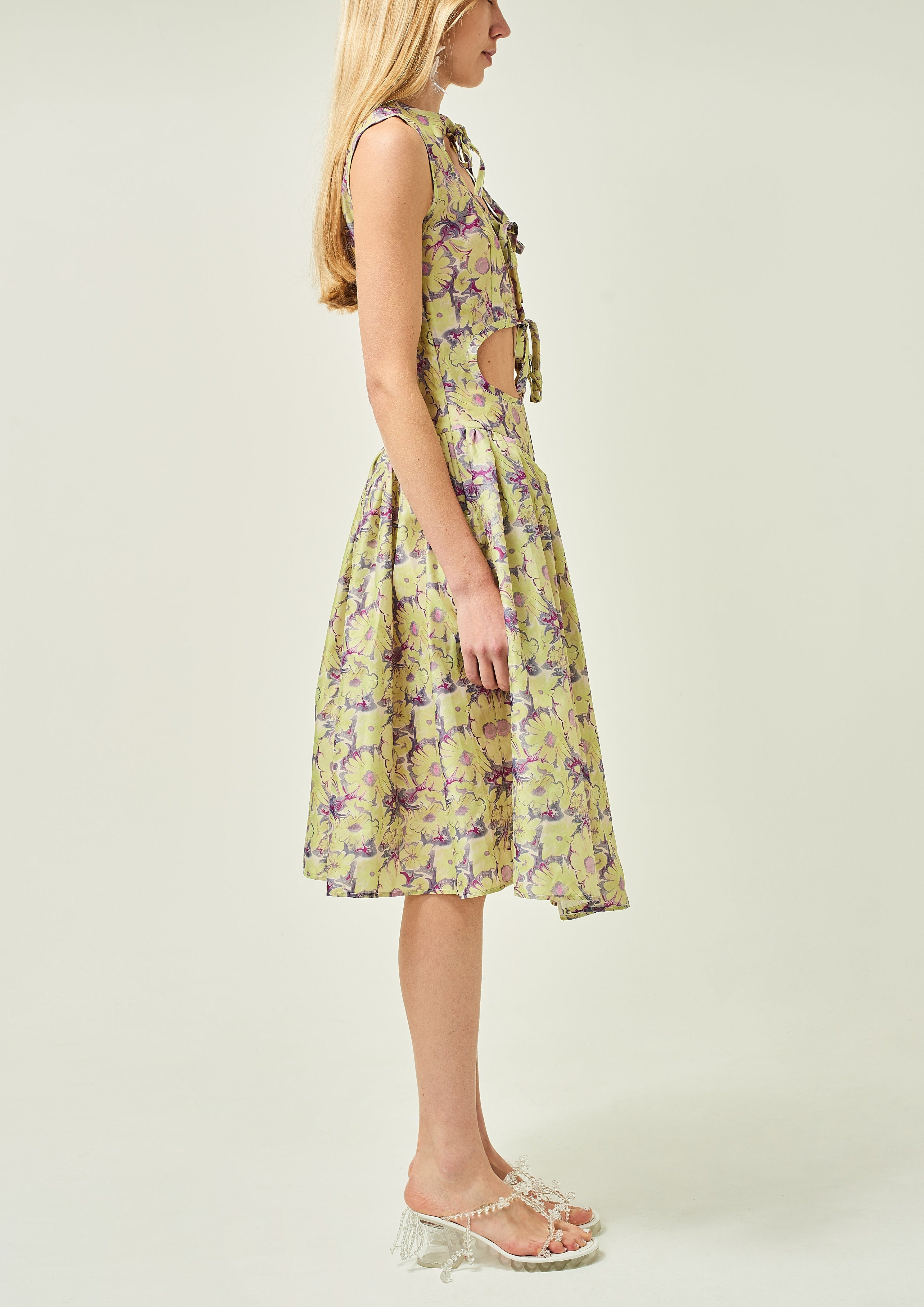 WOMEN STYLE SLEEVELESS ASYMMETRICAL LACE MIDI DRESS YELLOW