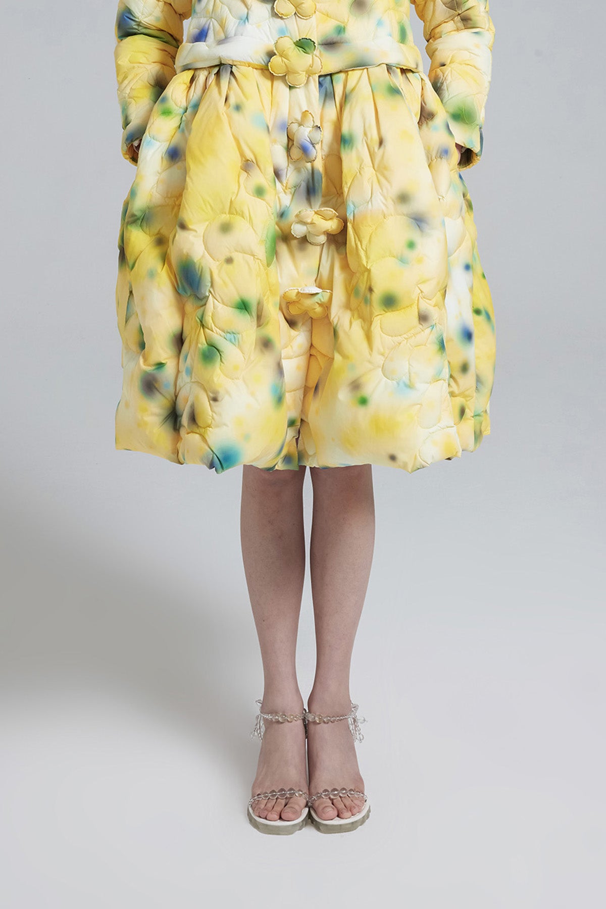WOMEN GIRL YELLOW FLOWER MIDI STYLE PRINTED FLOWER BUTTON PUFFER SKIRT
