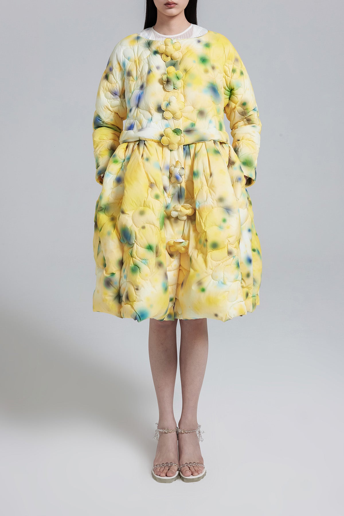 WOMEN GIRL YELLOW FLOWER MIDI STYLE PRINTED FLOWER BUTTON PUFFER SKIRT