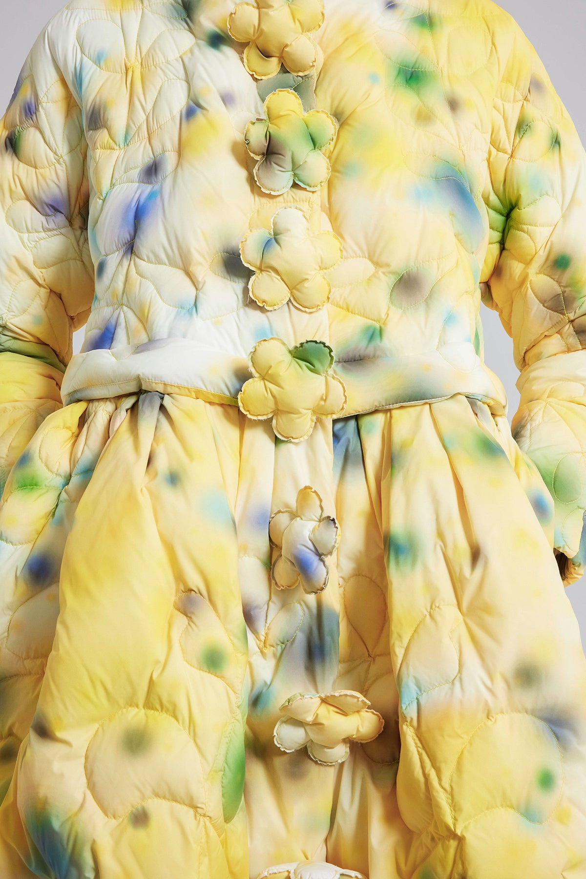 WOMEN GIRL YELLOW FLOWER MIDI STYLE PRINTED FLOWER BUTTON PUFFER SKIRT