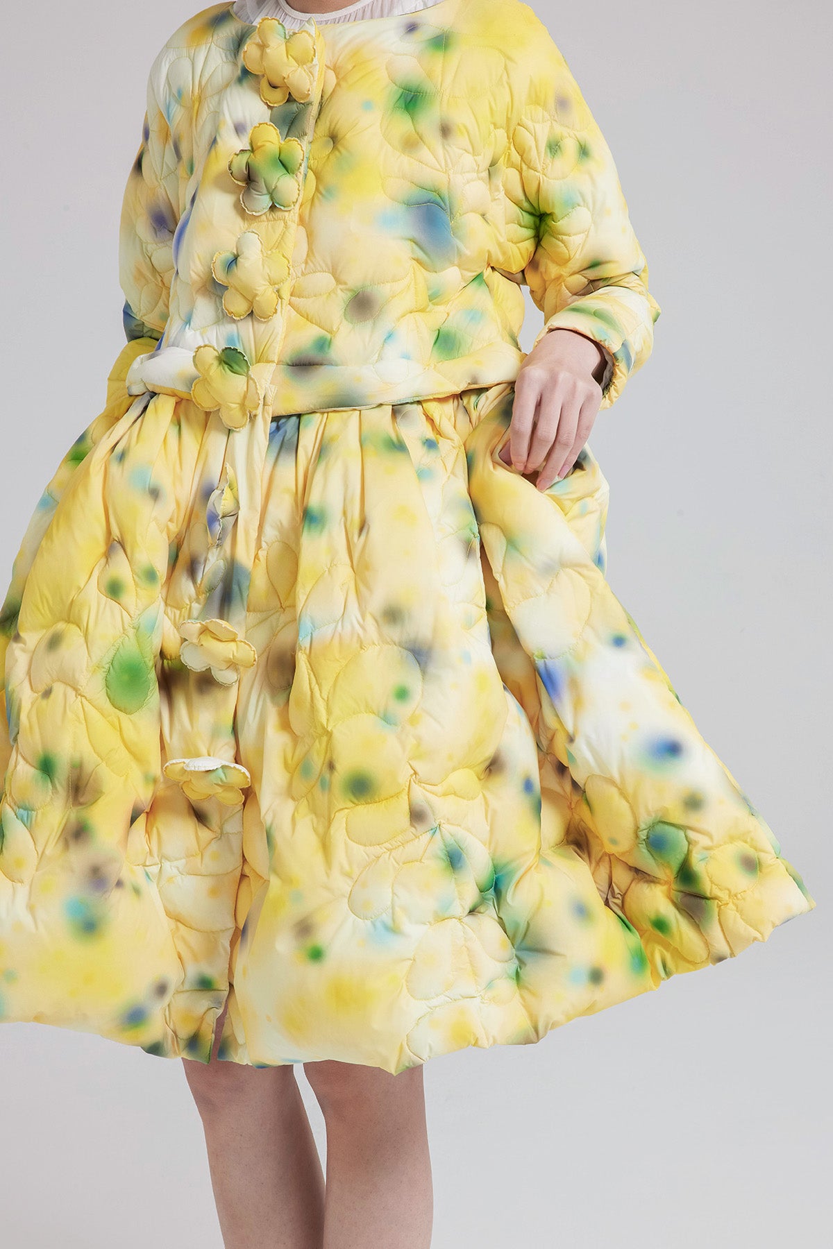 WOMEN GIRL YELLOW FLOWER MIDI STYLE PRINTED FLOWER BUTTON PUFFER SKIRT