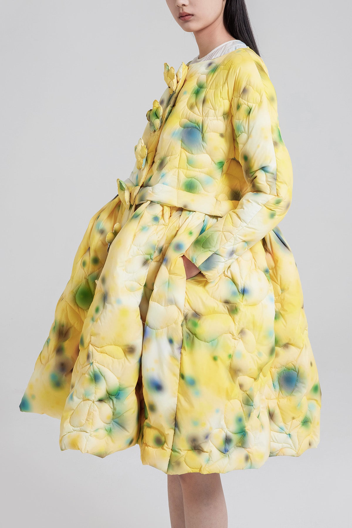 WOMEN GIRL YELLOW FLOWER MIDI STYLE PRINTED FLOWER BUTTON PUFFER SKIRT