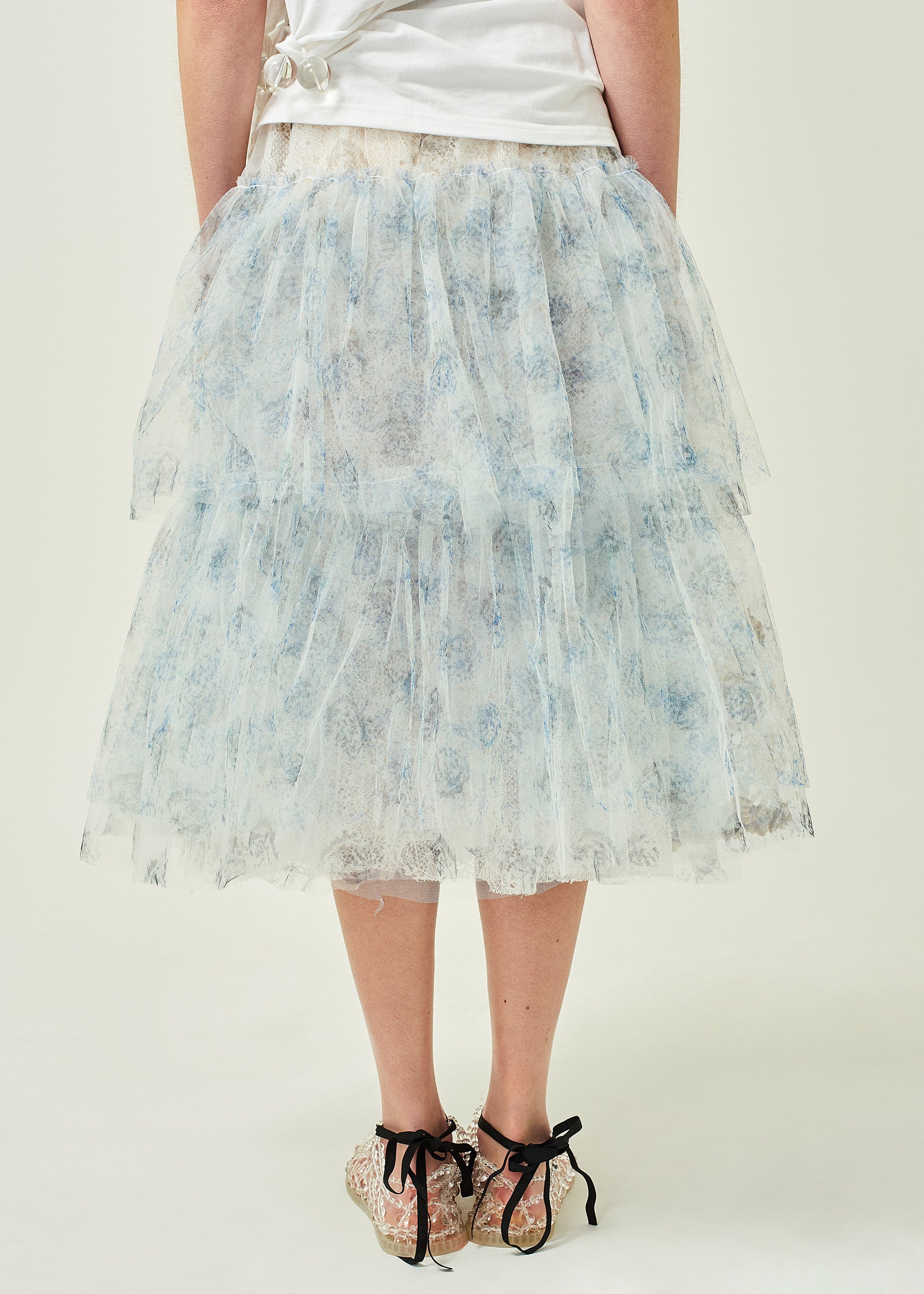 WOMEN MIDI BLUE PRINTED FRILL SKIRT