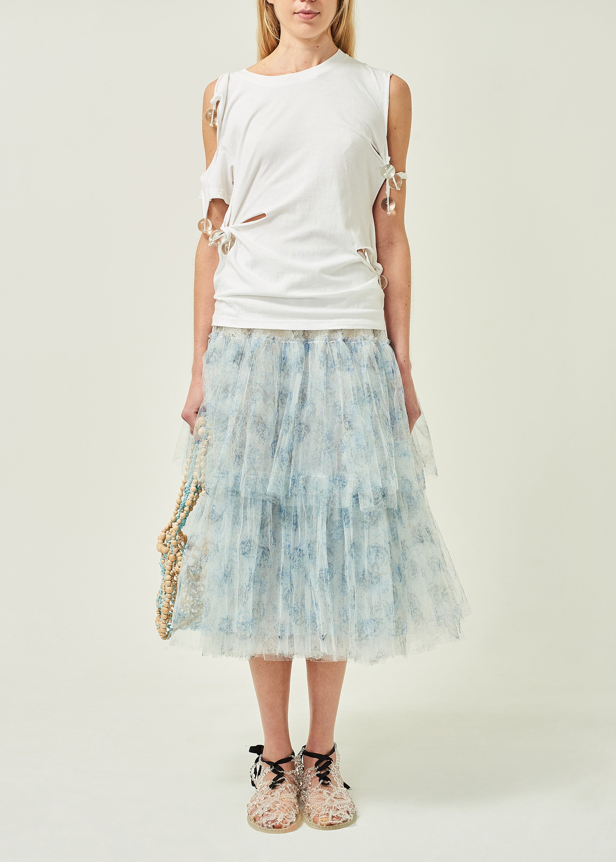 WOMEN MIDI BLUE PRINTED FRILL SKIRT