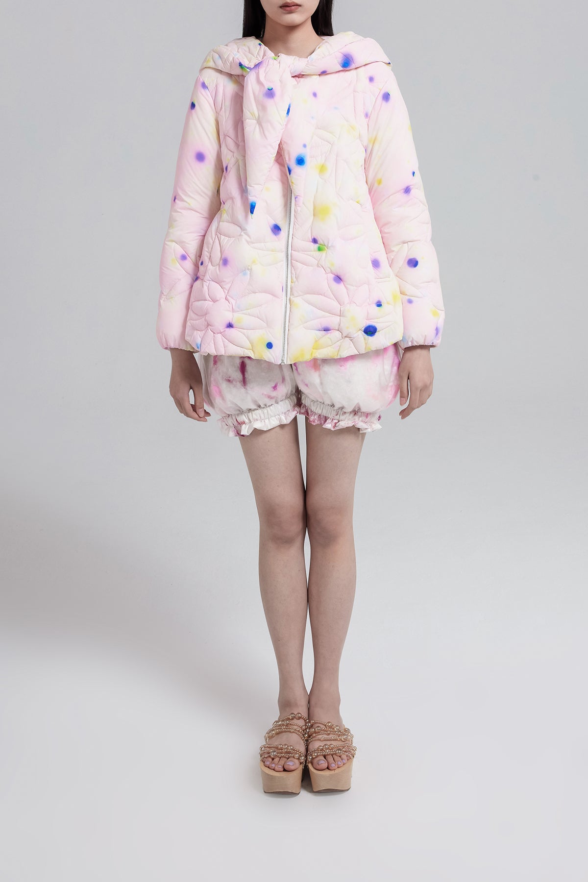WOMEN GIRL PINK LONG SLEEVE STYLE PRINTED HOODED PUFFER JACKET