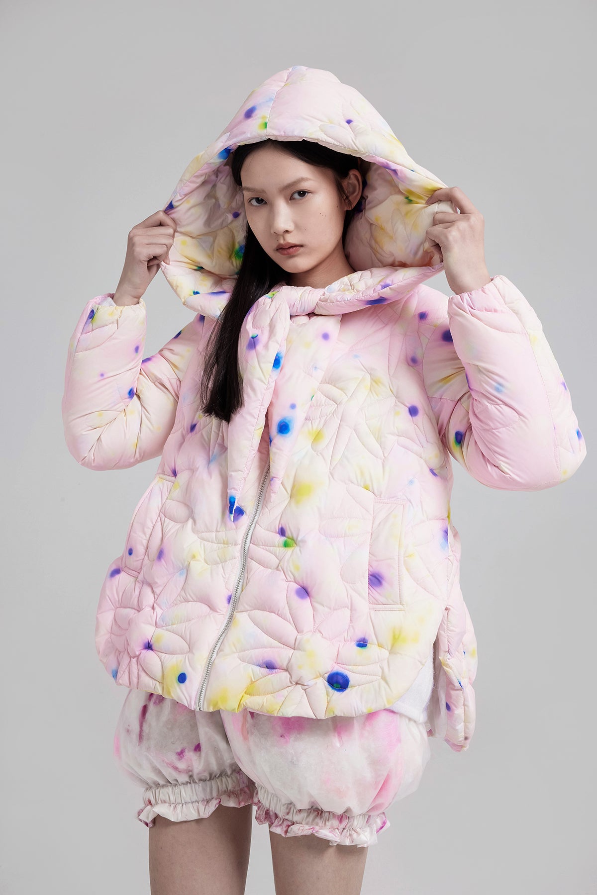 WOMEN GIRL PINK LONG SLEEVE STYLE PRINTED HOODED PUFFER JACKET