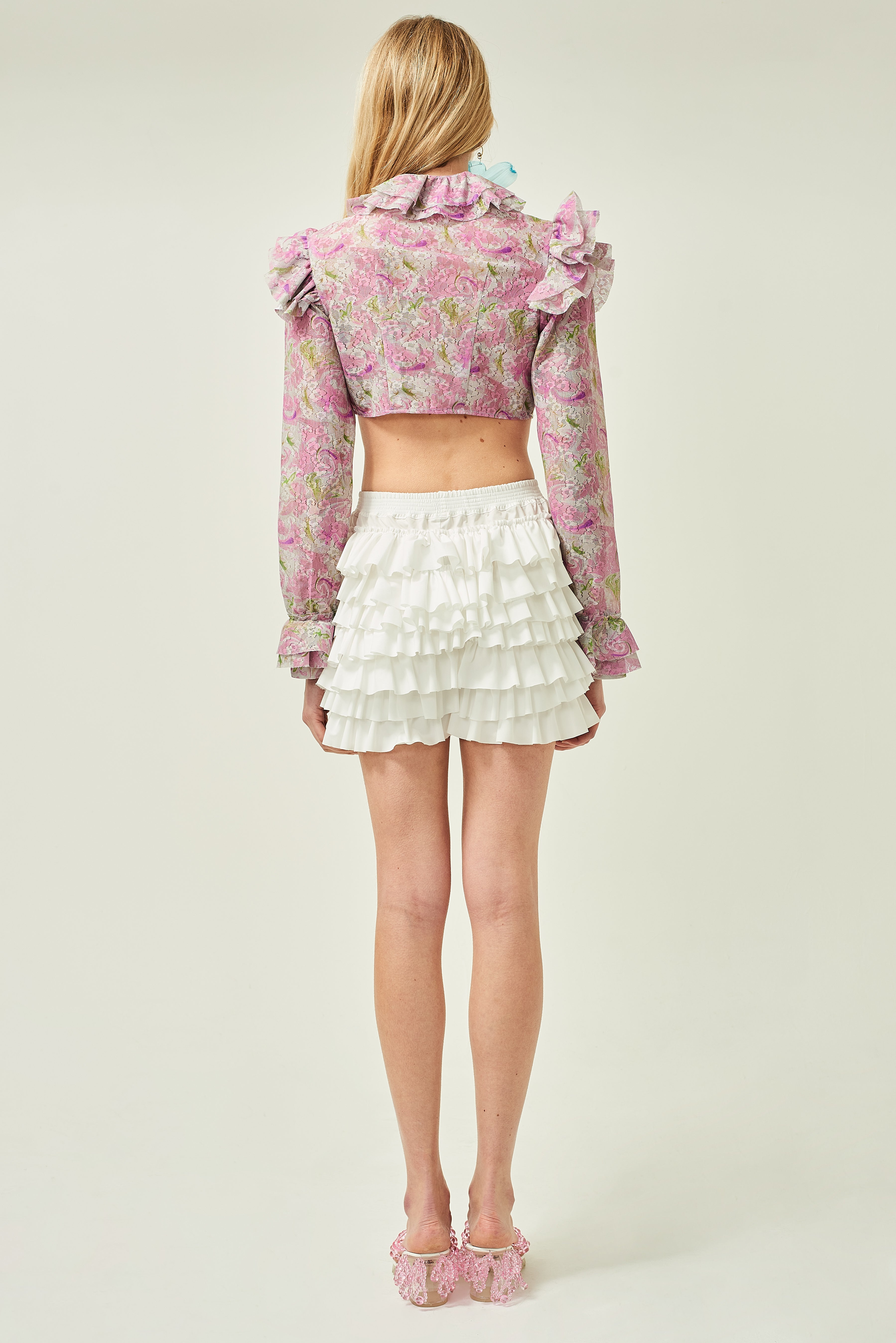 WOMEN PINK CROP LONG SLEEVE STYLE COLLAR PRINTED LACE RUFFLE BLOUSE