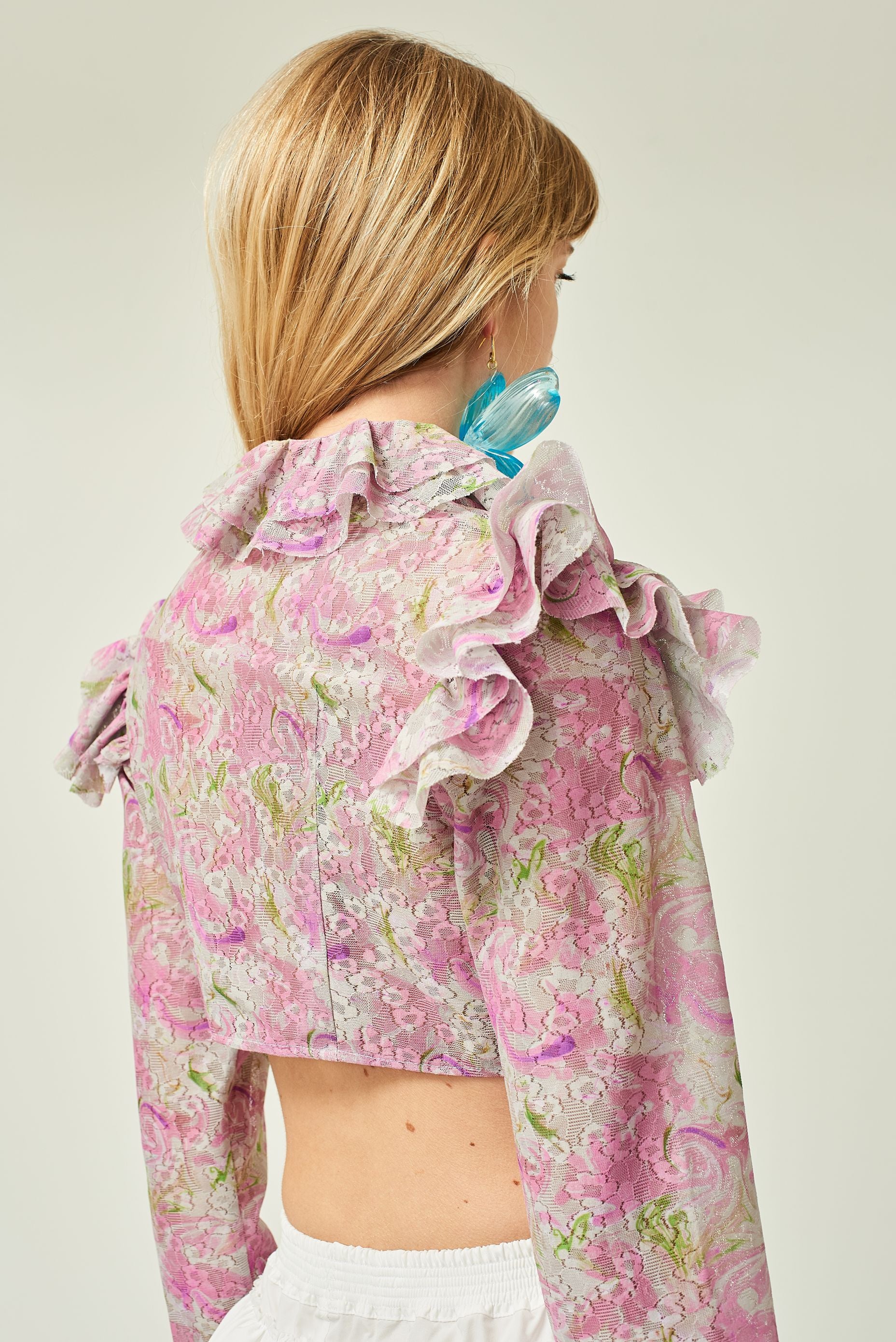 WOMEN PINK CROP LONG SLEEVE STYLE COLLAR PRINTED LACE RUFFLE BLOUSE