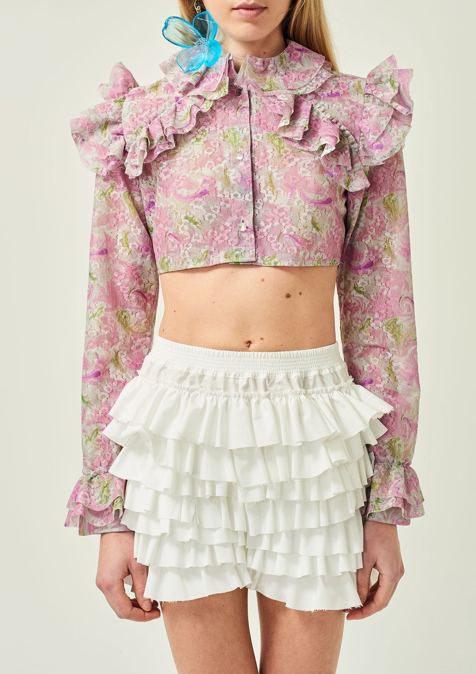 WOMEN PINK CROP LONG SLEEVE STYLE COLLAR PRINTED LACE RUFFLE BLOUSE