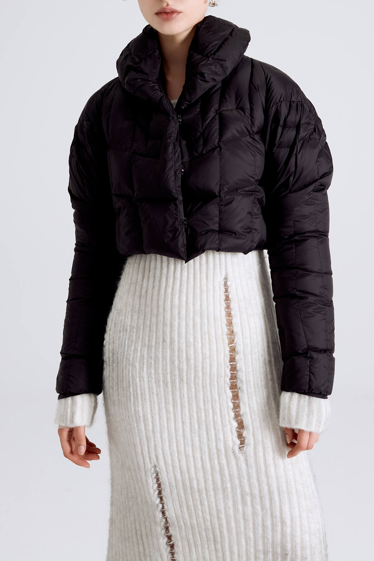 WOMEN GIRL BLACK LONG SLEEVE COLLAR CROPPED PUFFER JACKET