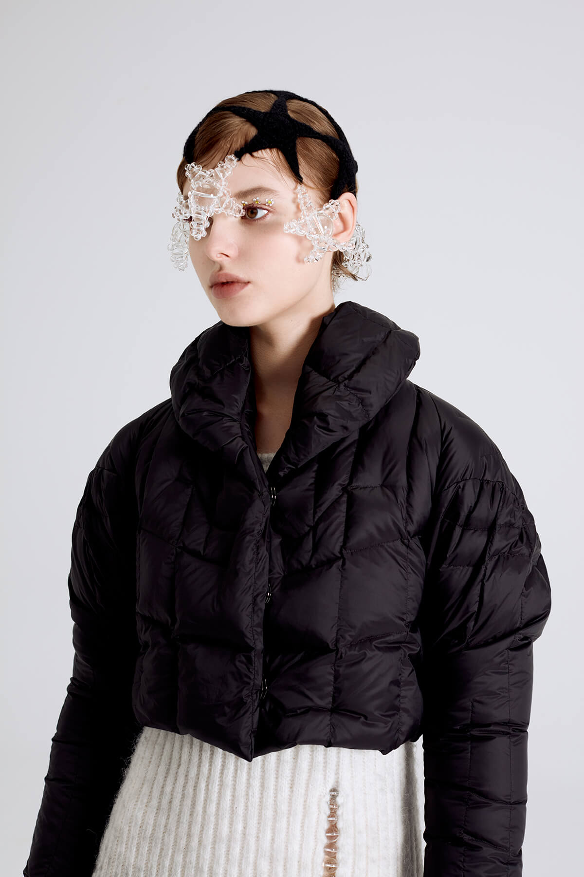 WOMEN GIRL BLACK LONG SLEEVE COLLAR CROPPED PUFFER JACKET
