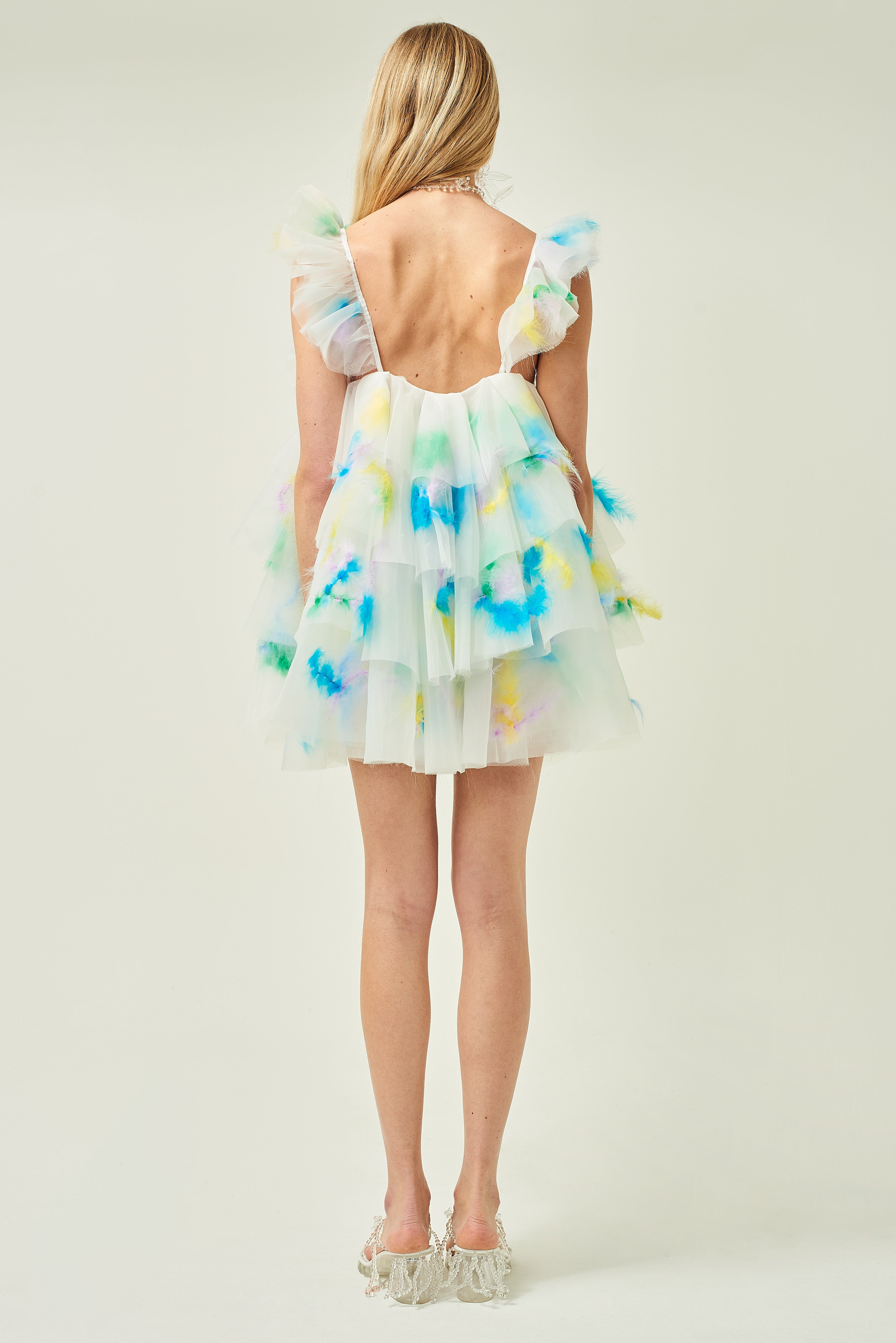 WOMEN STYLE RUFFLE FEATHER ORGANZA DRESS WHITE 