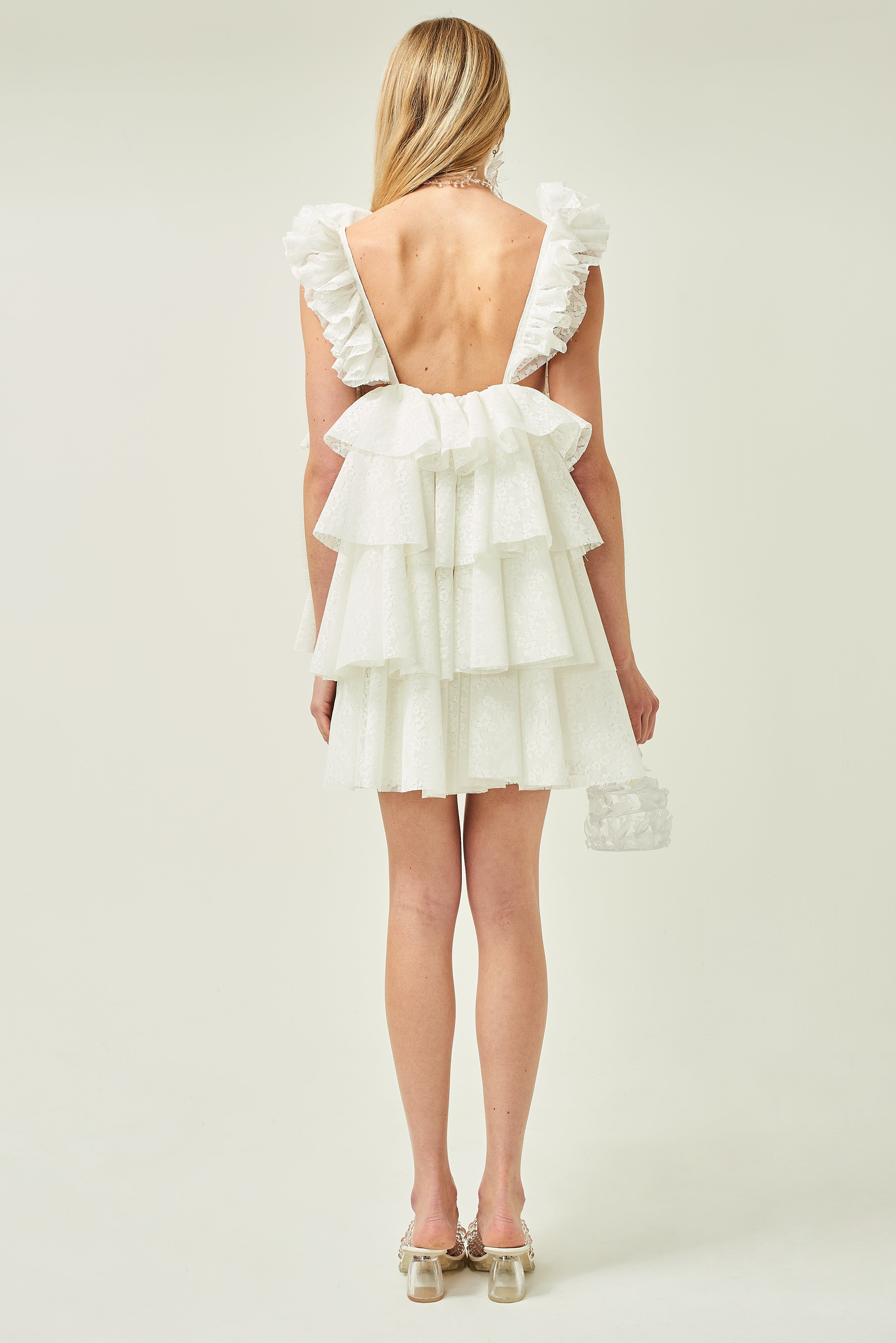WOMEN SLEEVELESS STYLE MINI SHORT RUFFLE LACE DRESS WHITE