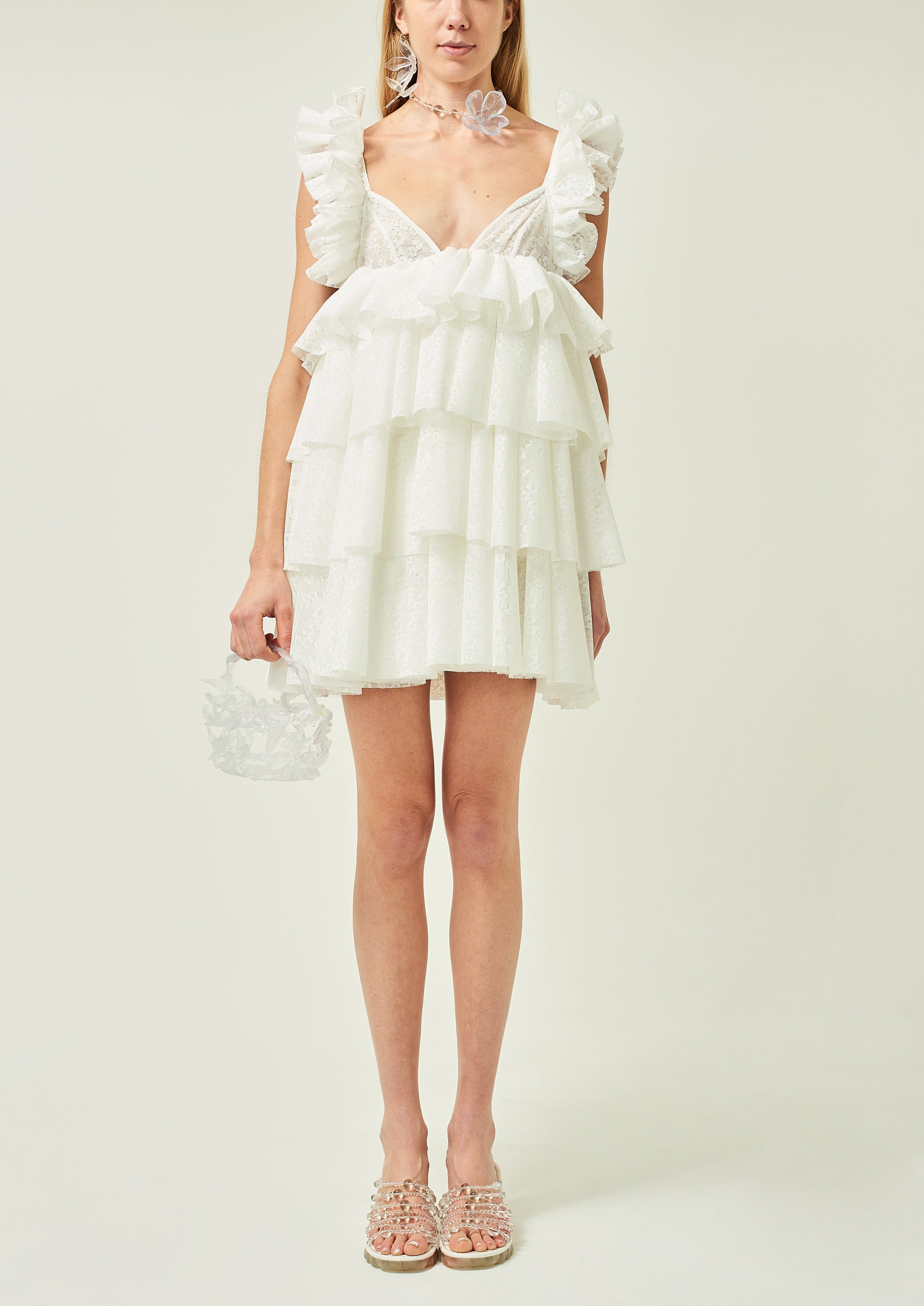 WOMEN SLEEVELESS STYLE MINI SHORT RUFFLE LACE DRESS WHITE