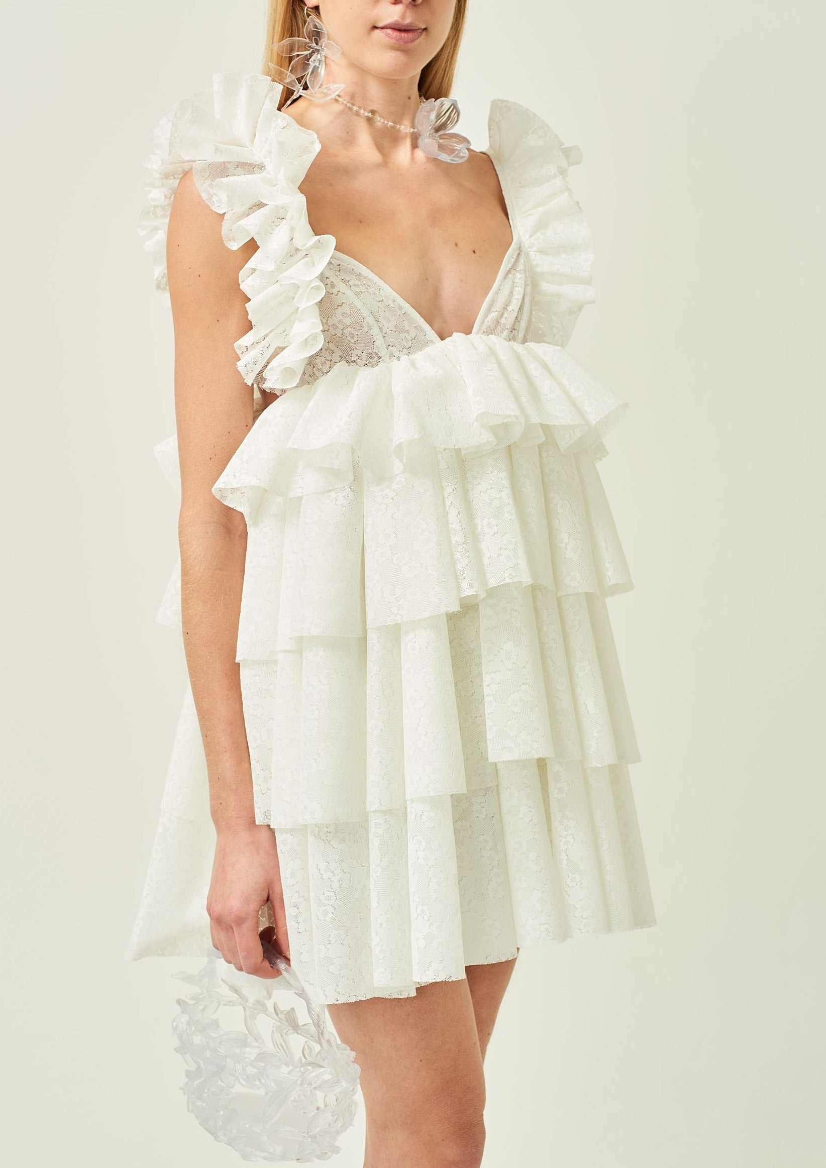 WOMEN SLEEVELESS STYLE MINI SHORT RUFFLE LACE DRESS WHITE