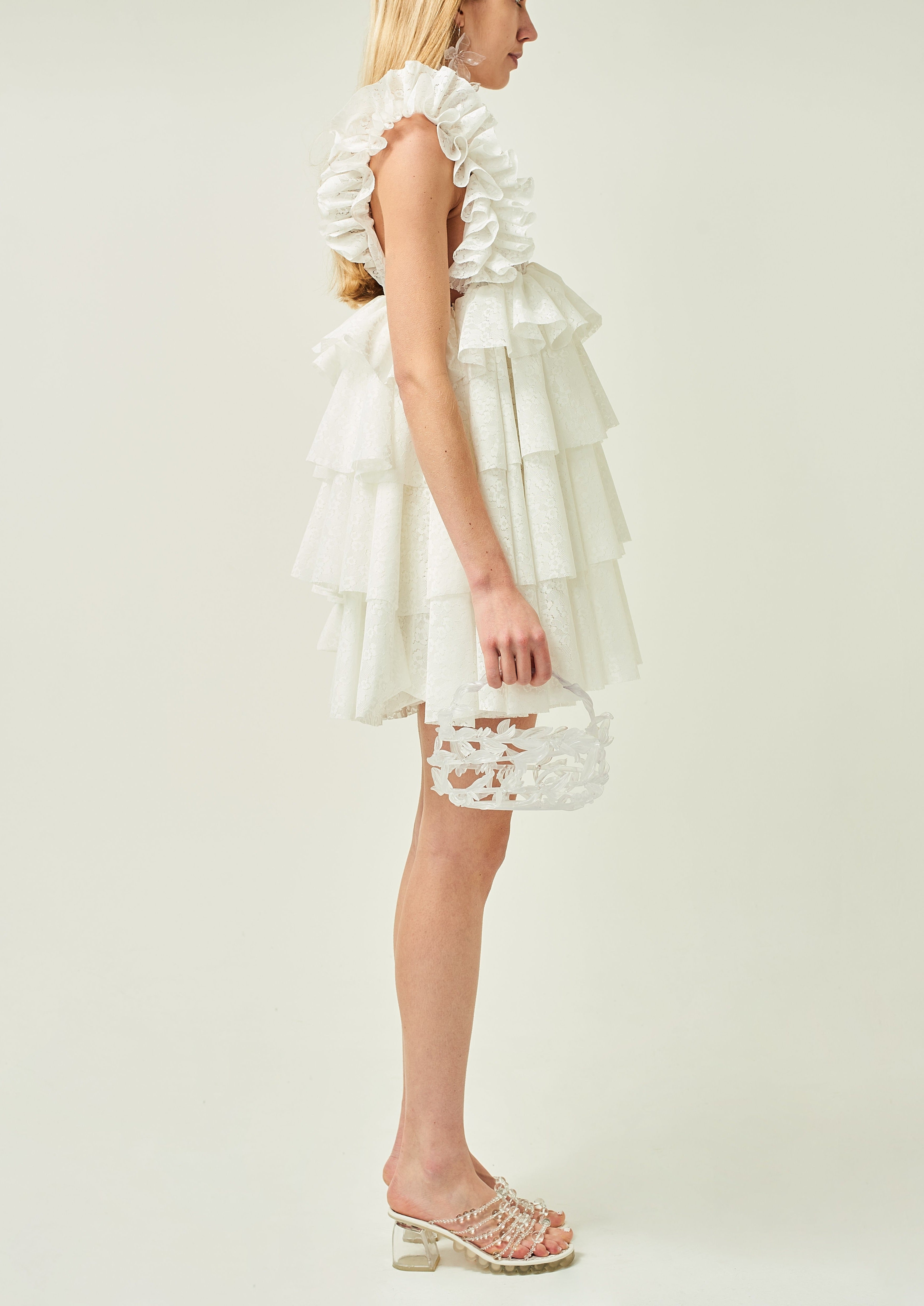 WOMEN SLEEVELESS STYLE MINI SHORT RUFFLE LACE DRESS WHITE