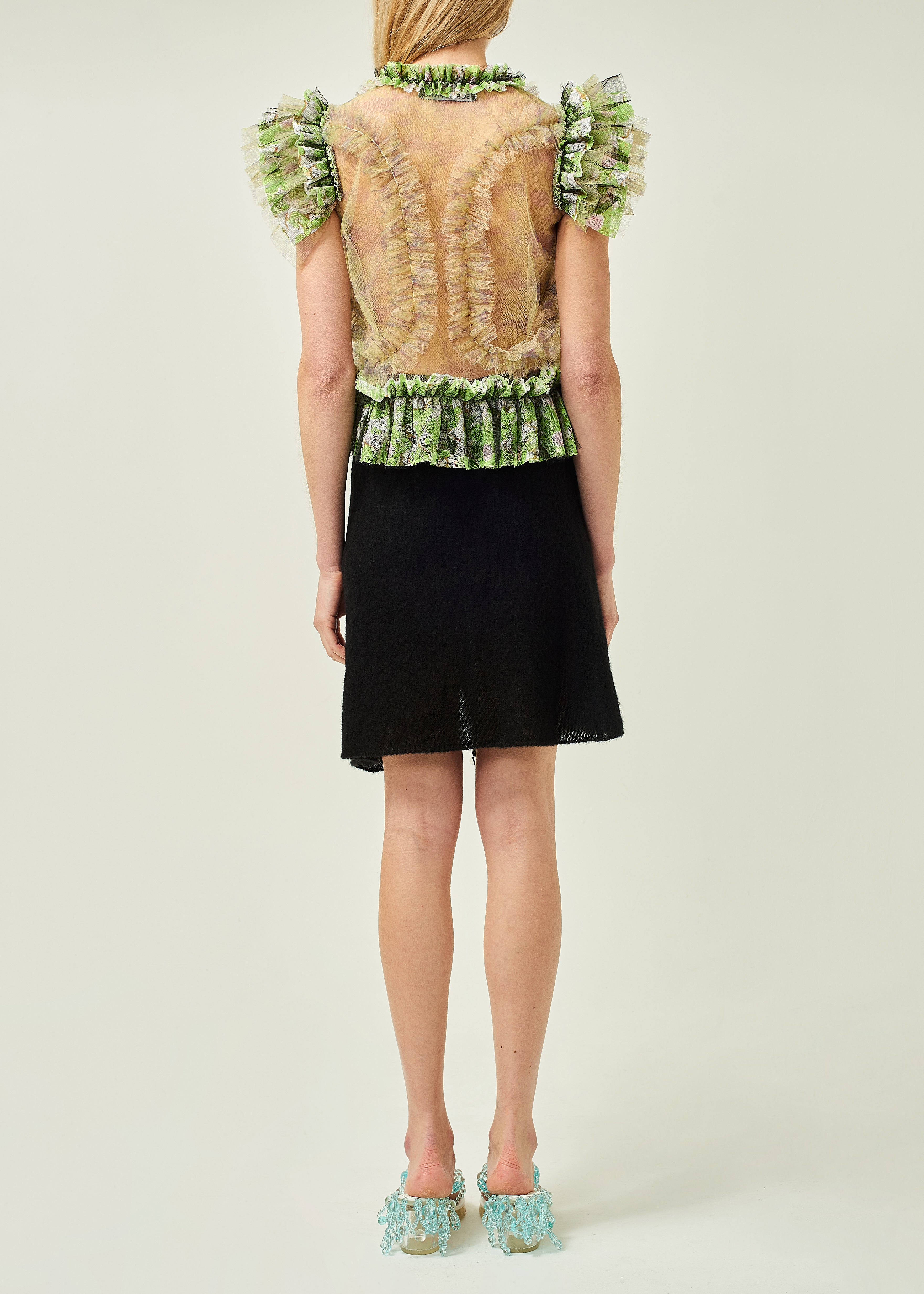 WOMEN GREEN RUFFLE SLEEVE POPLIN BLOUSE