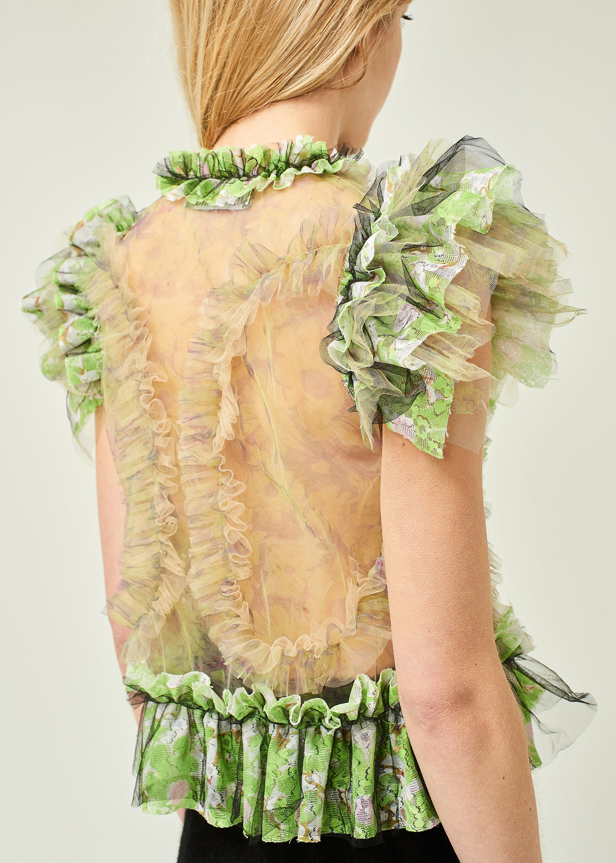 WOMEN GREEN RUFFLE SLEEVE POPLIN BLOUSE