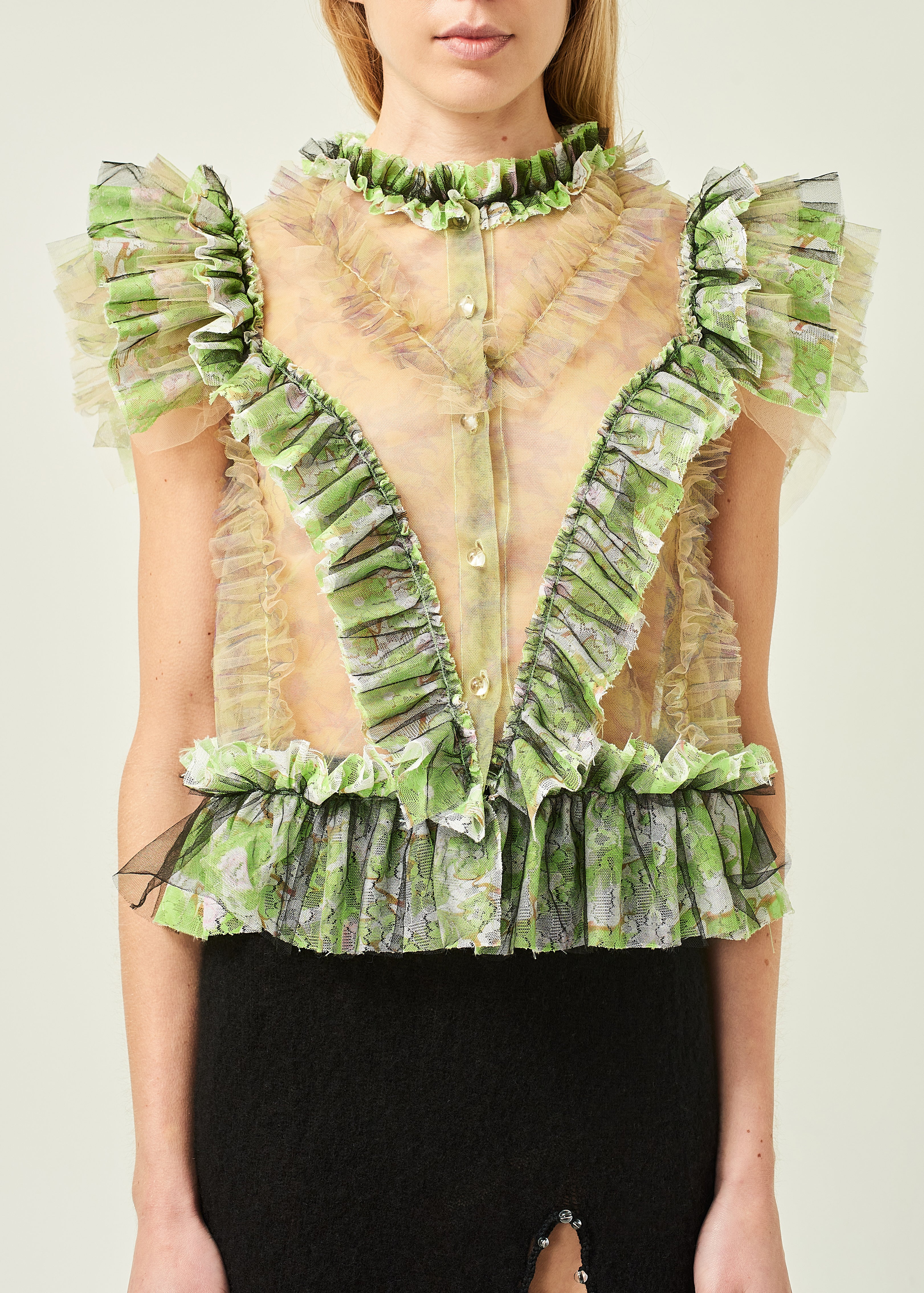 WOMEN GREEN RUFFLE SLEEVE POPLIN BLOUSE