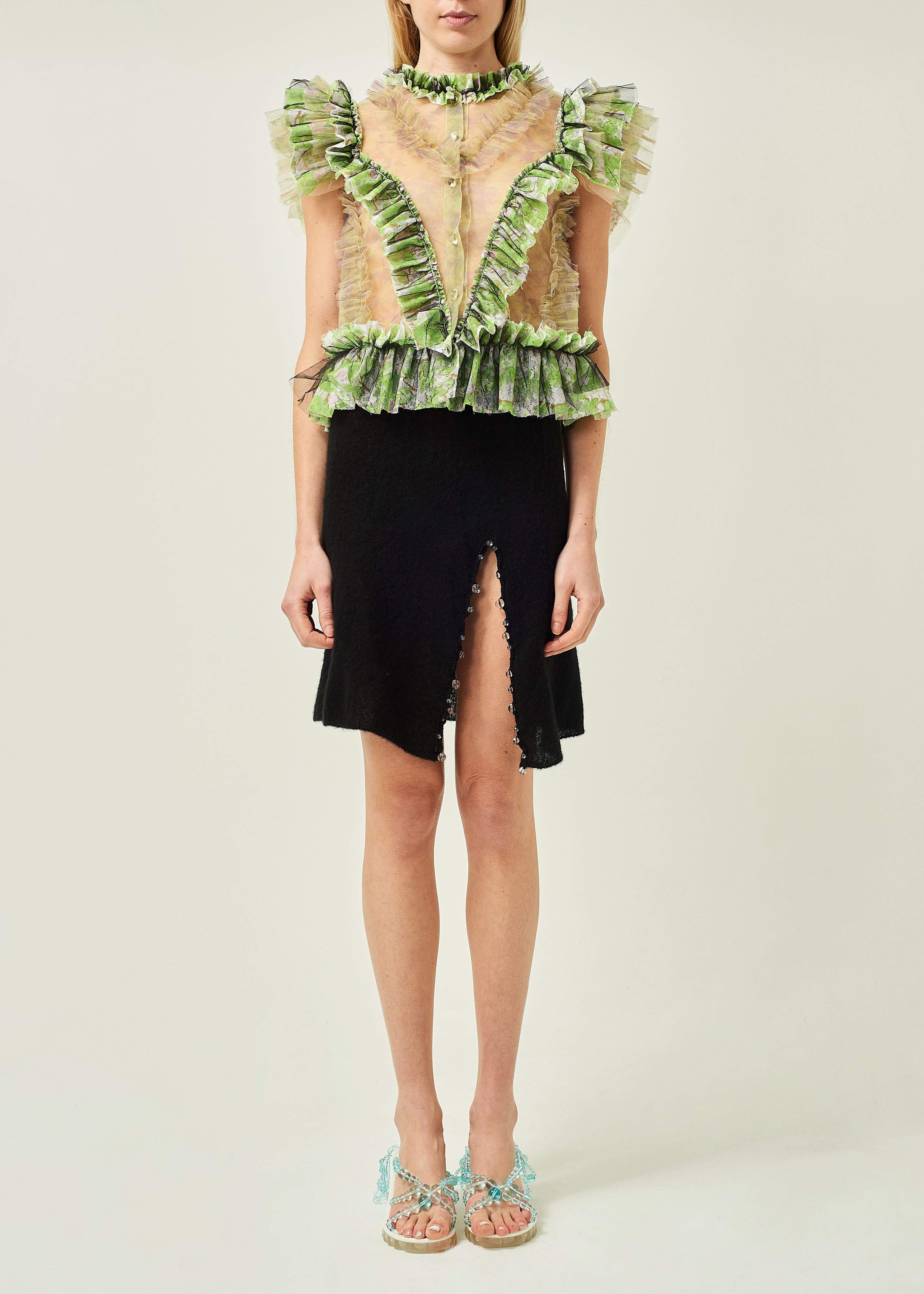 WOMEN GREEN RUFFLE SLEEVE POPLIN BLOUSE