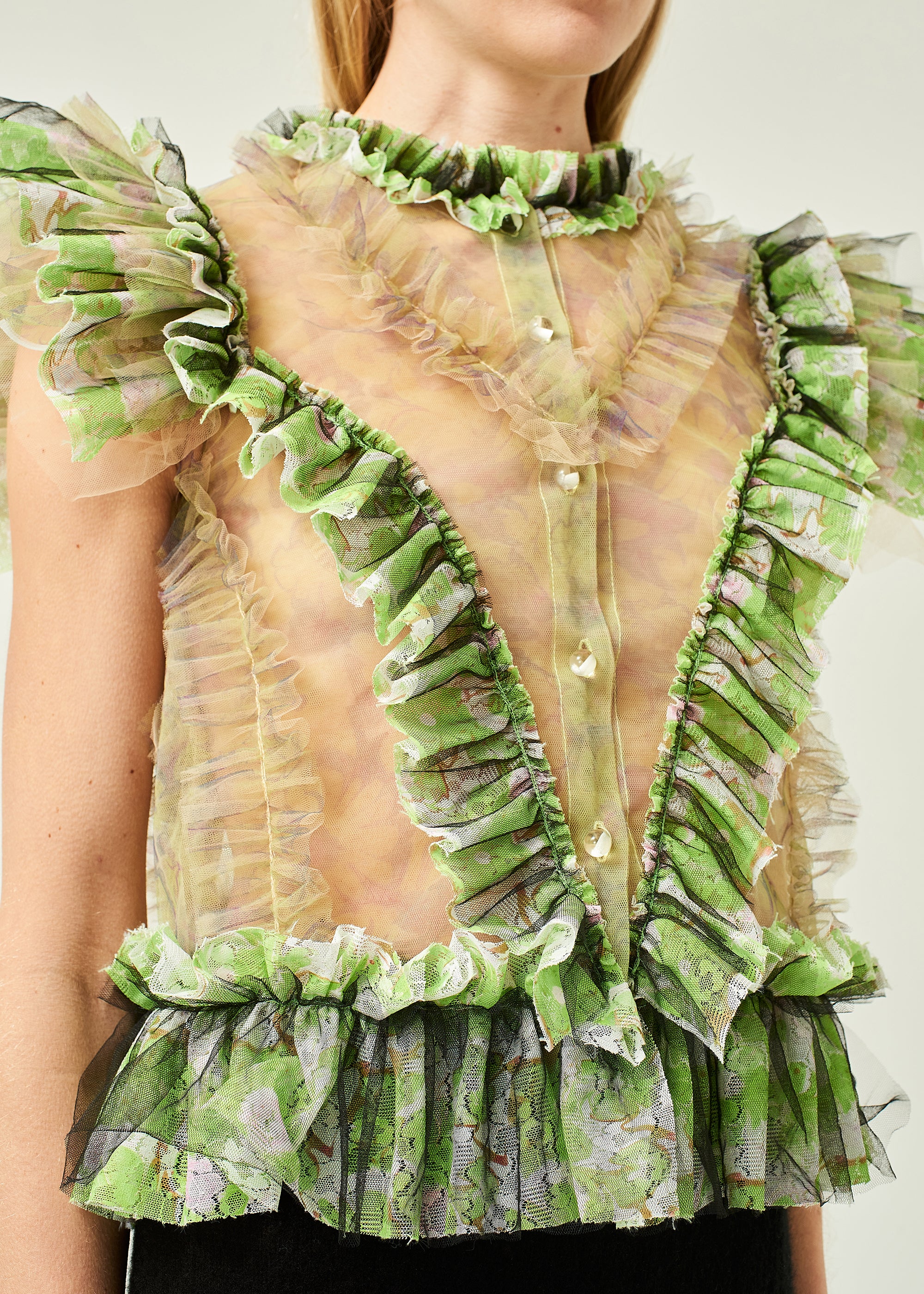 WOMEN GREEN RUFFLE SLEEVE POPLIN BLOUSE