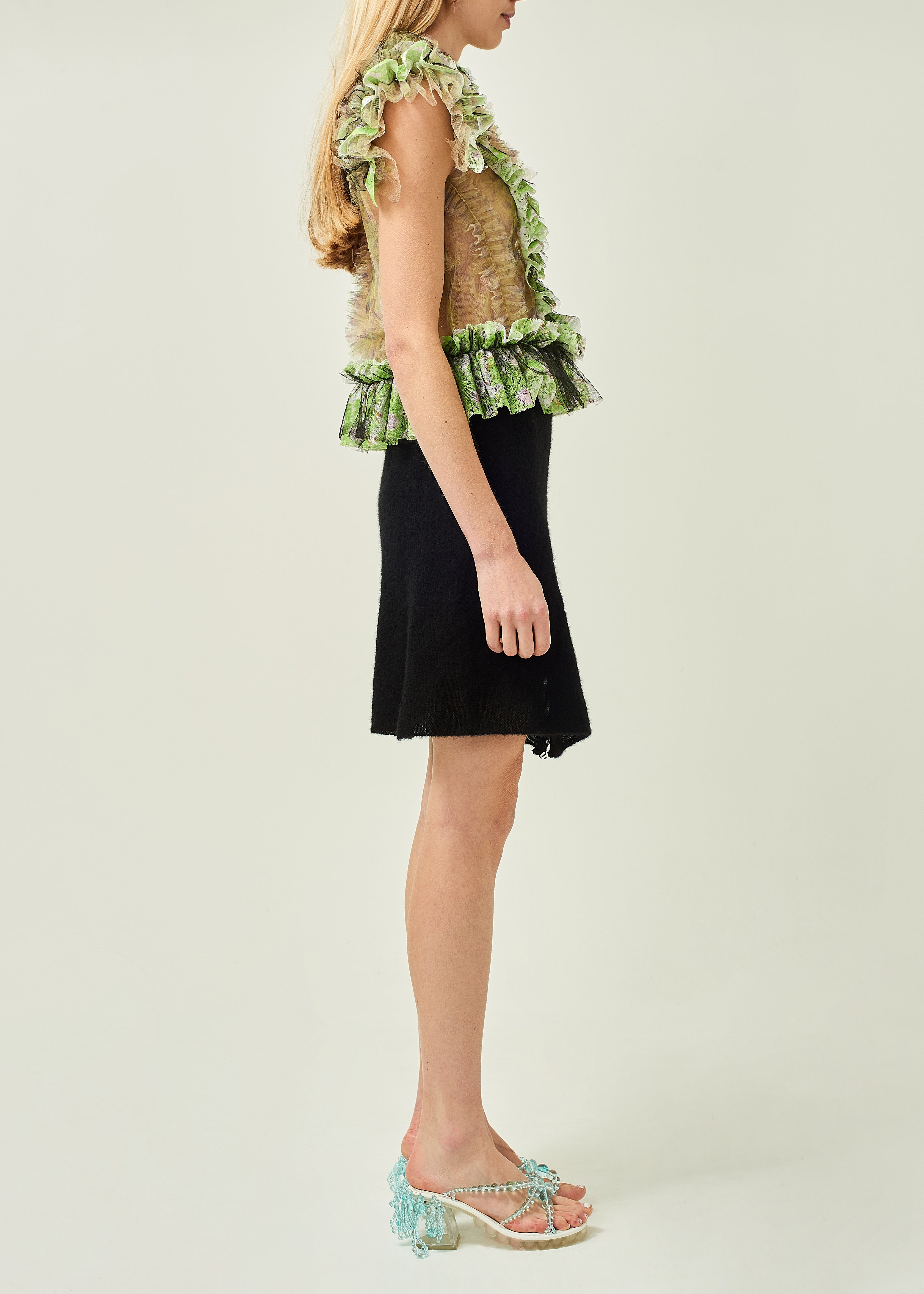 WOMEN GREEN RUFFLE SLEEVE POPLIN BLOUSE