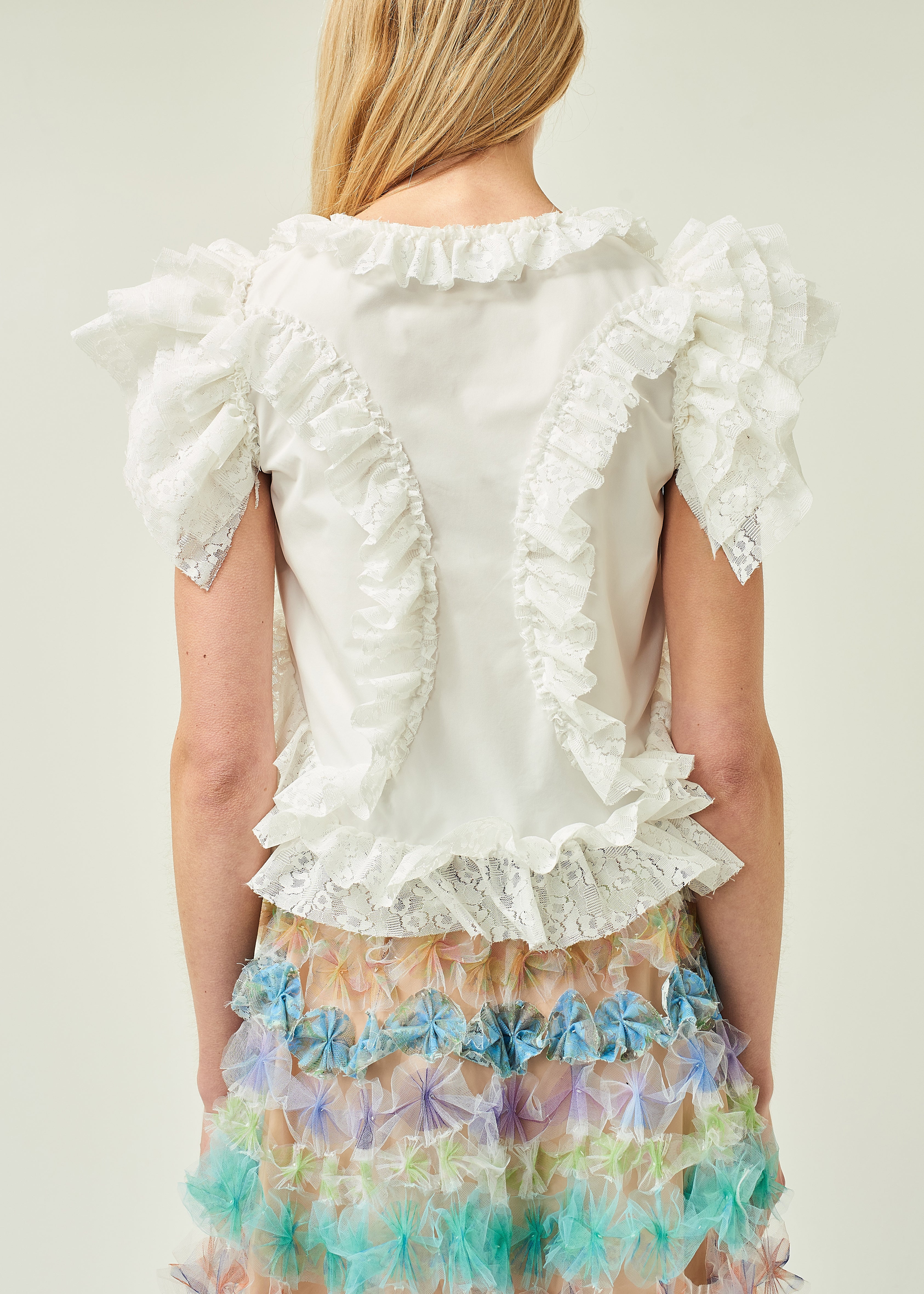 WOMEN WHITE RUFFLE SLEEVE POPLIN BLOUSE