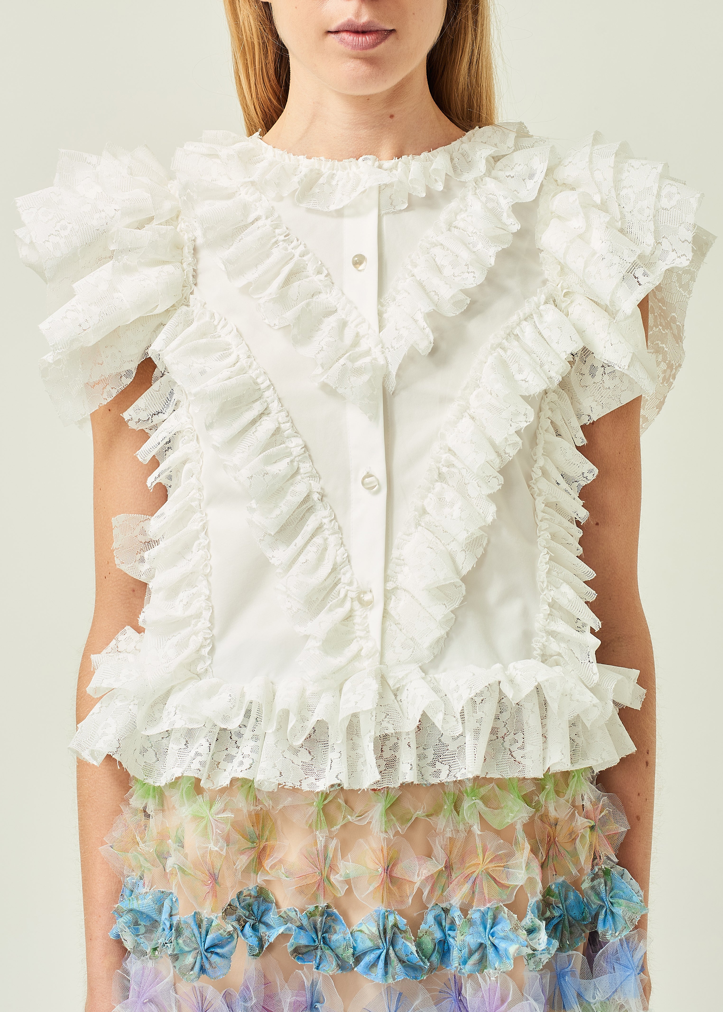 WOMEN WHITE RUFFLE SLEEVE POPLIN BLOUSE