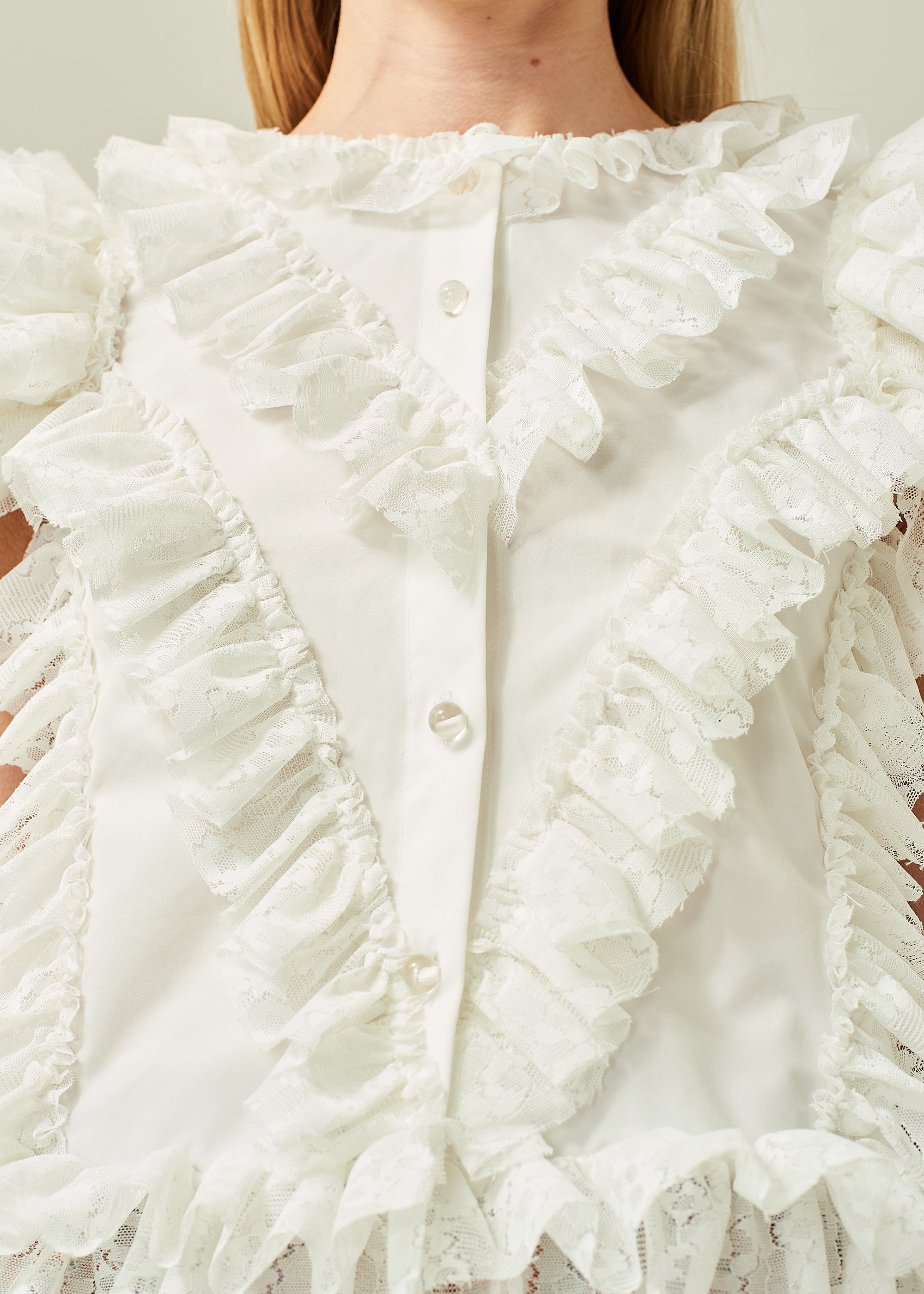WOMEN WHITE RUFFLE SLEEVE POPLIN BLOUSE