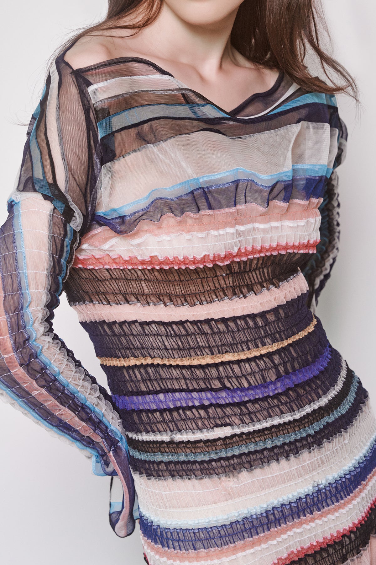 WOMEN GIRL LONG SLEEVE SHEER MAXI MINI SHIRRED STRIPE MIDI DRESS