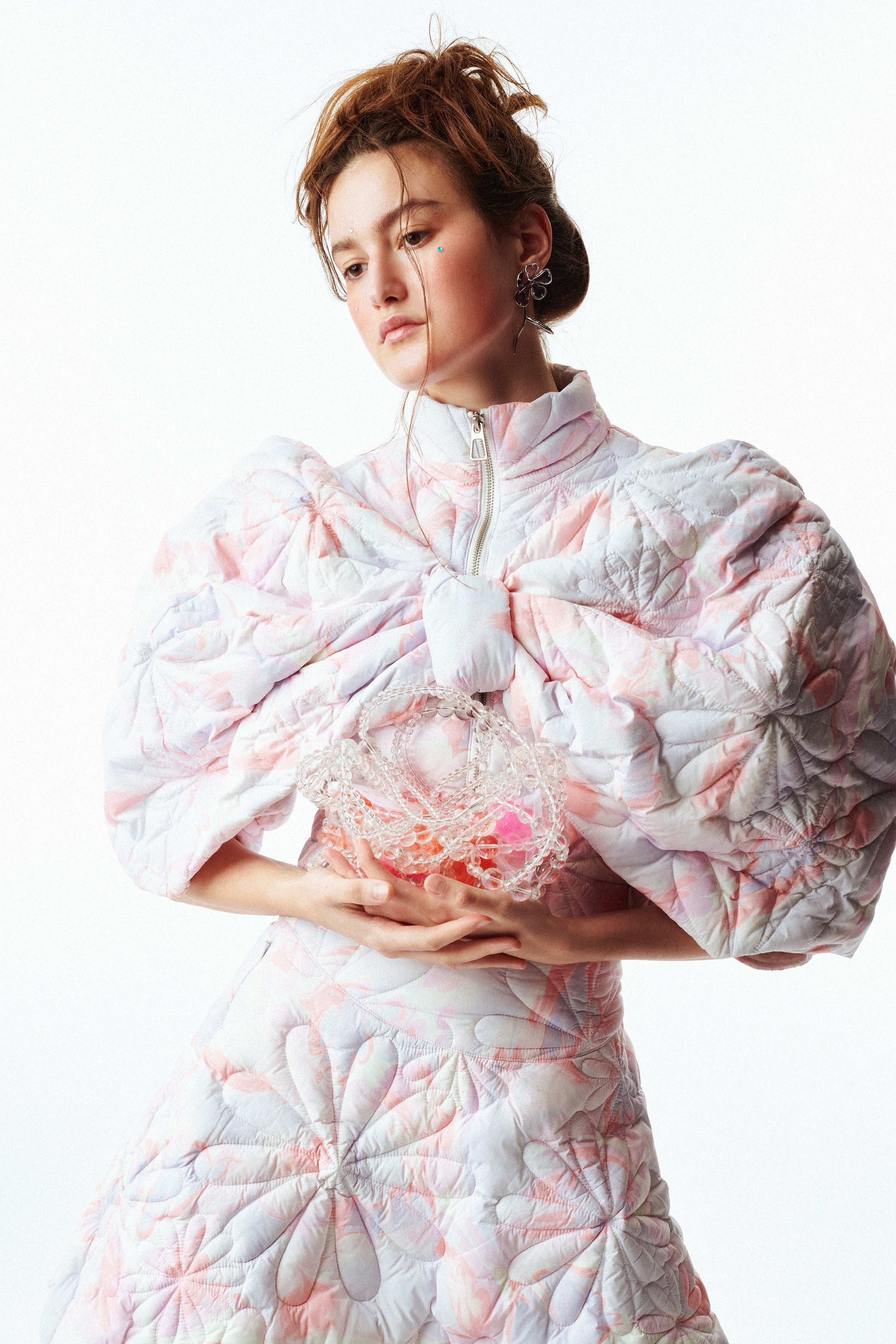 FLORAL QUILT DETACHABLE BOW JACKET