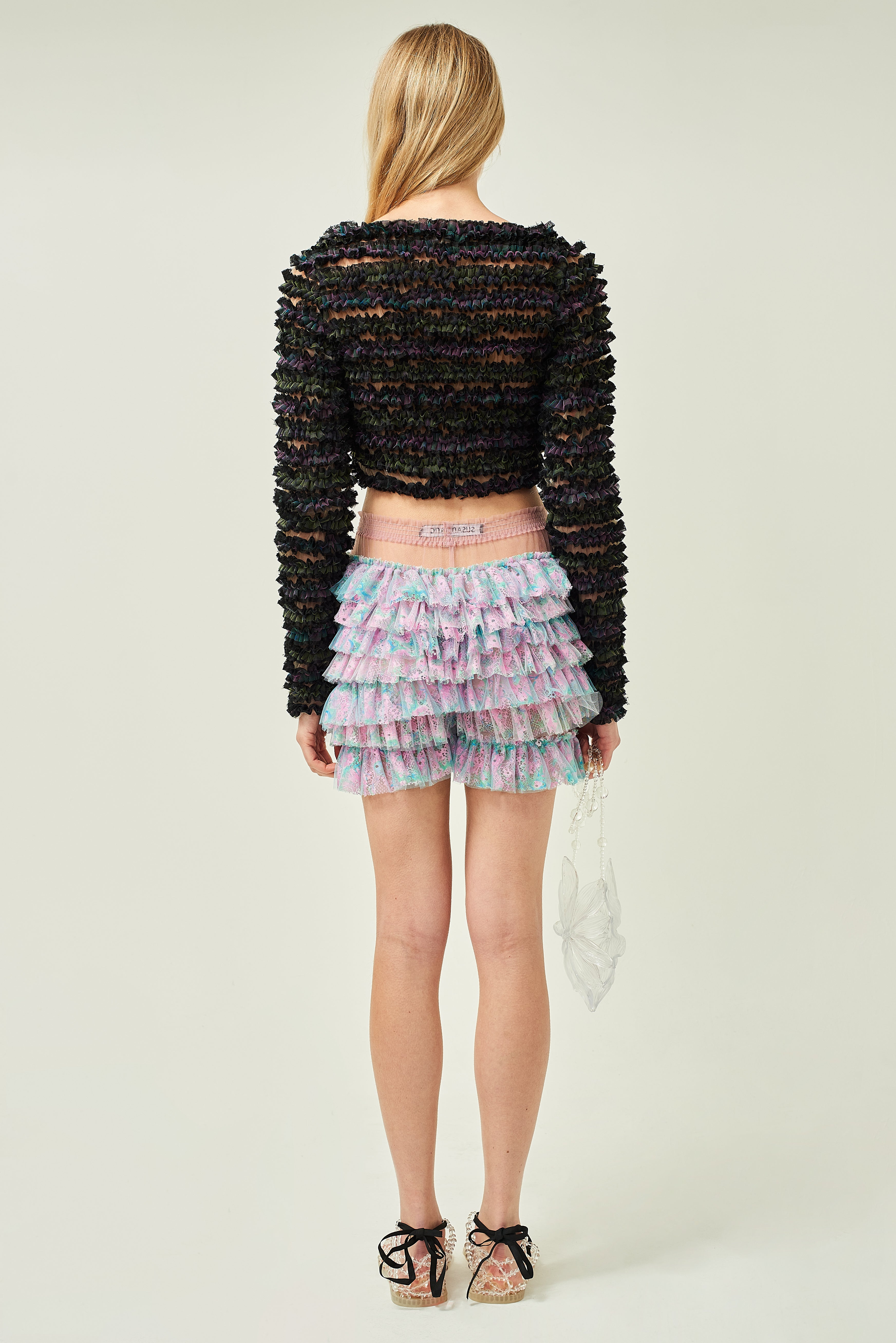 WOMEN LONG SLEEVE BLACK V NECK TULLE CARDIGAN