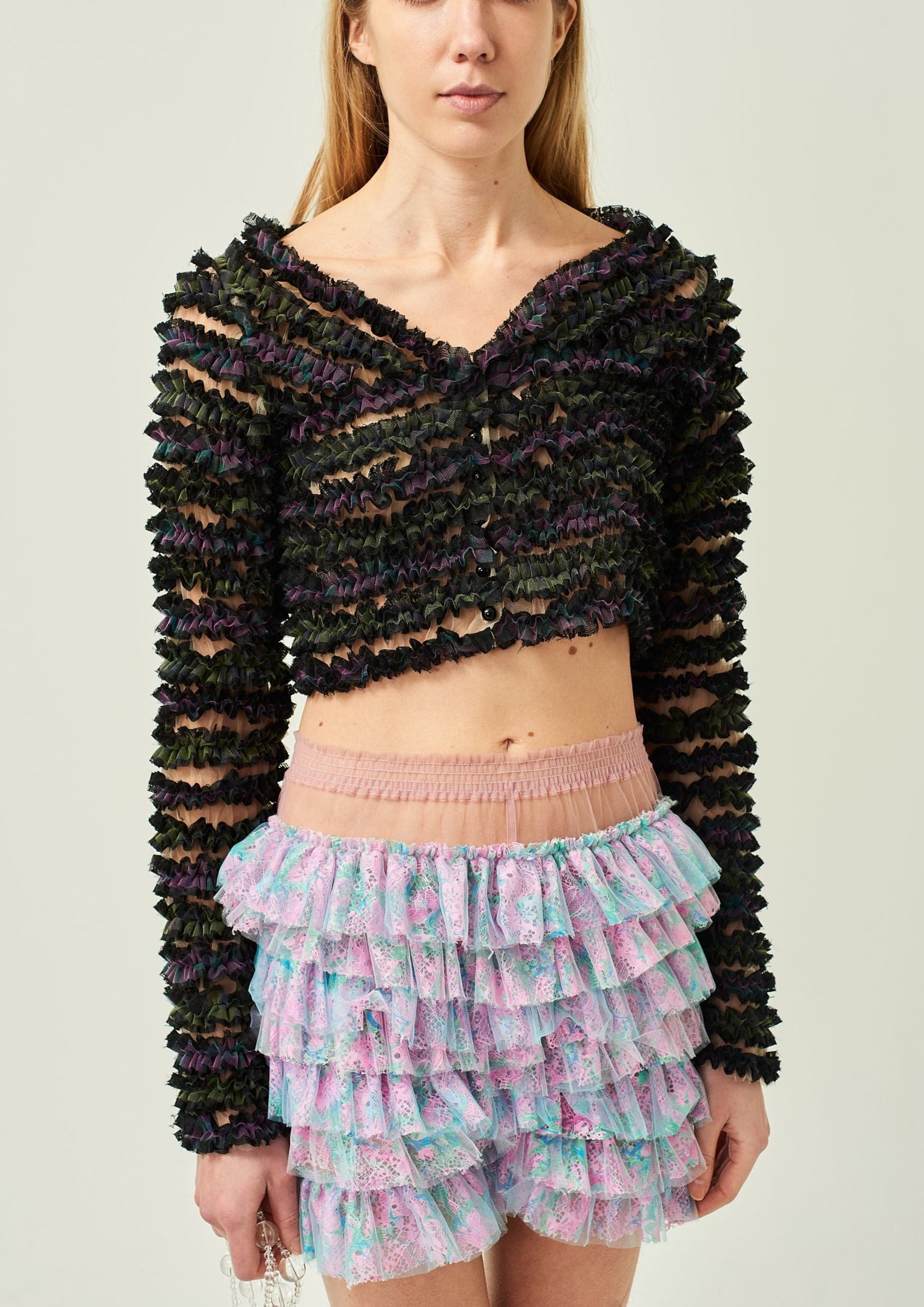 WOMEN LONG SLEEVE BLACK V NECK TULLE CARDIGAN